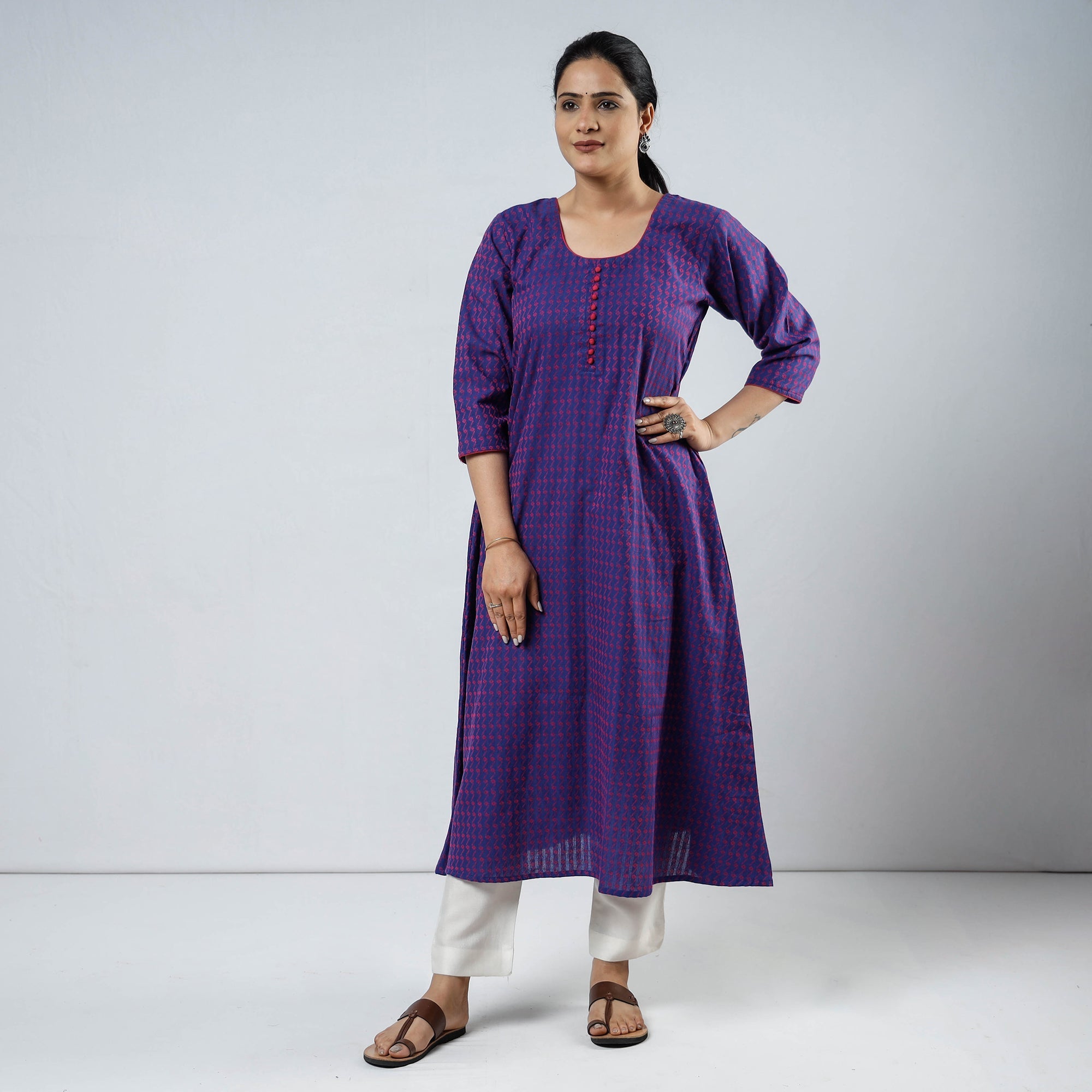 ITOKRI CASUALS Blue & Pink Jacquard Cotton Long Kurta - view 3