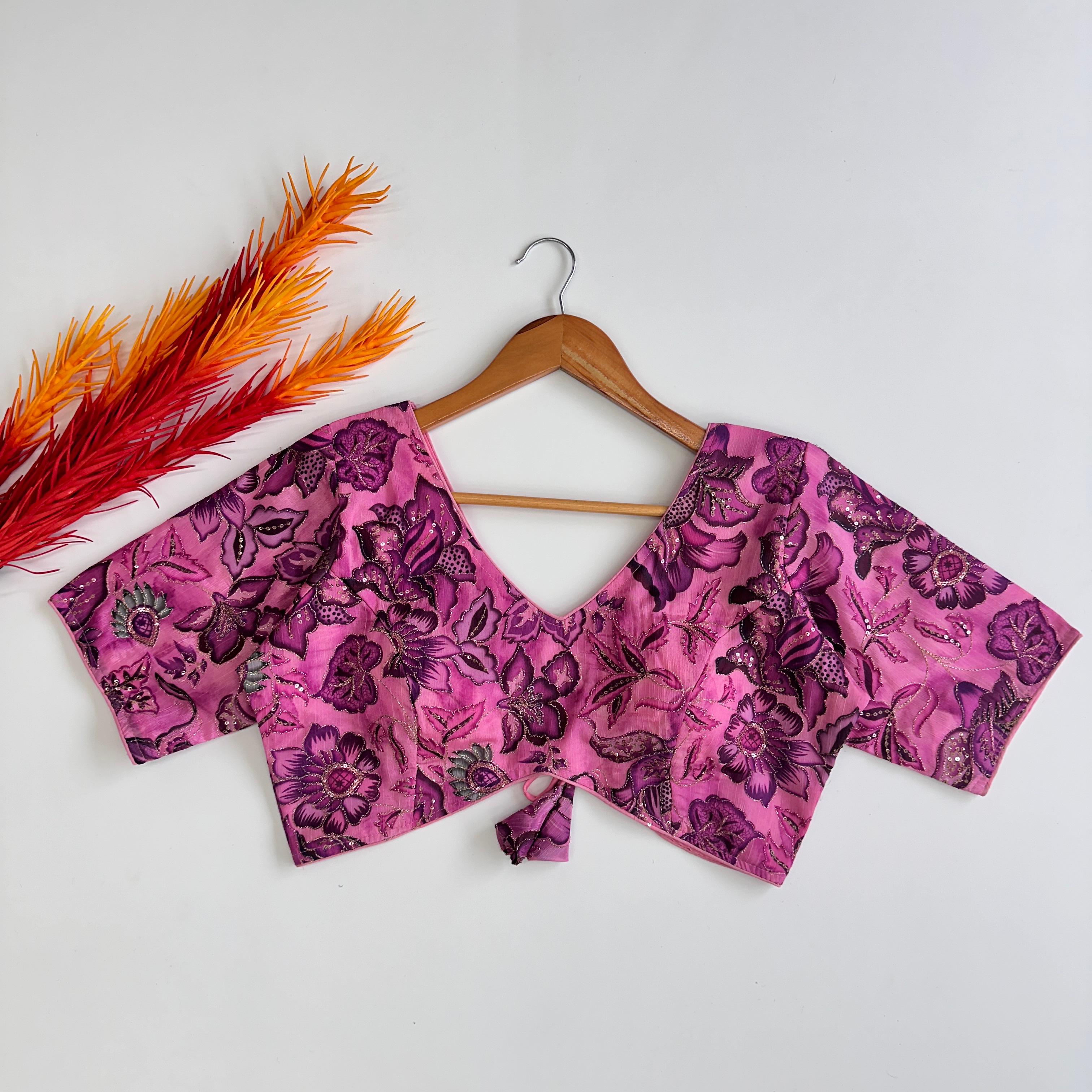 ClothsVilla Pink Elegant Hand-Embroidered Tofu Silk Blouse with Sequins