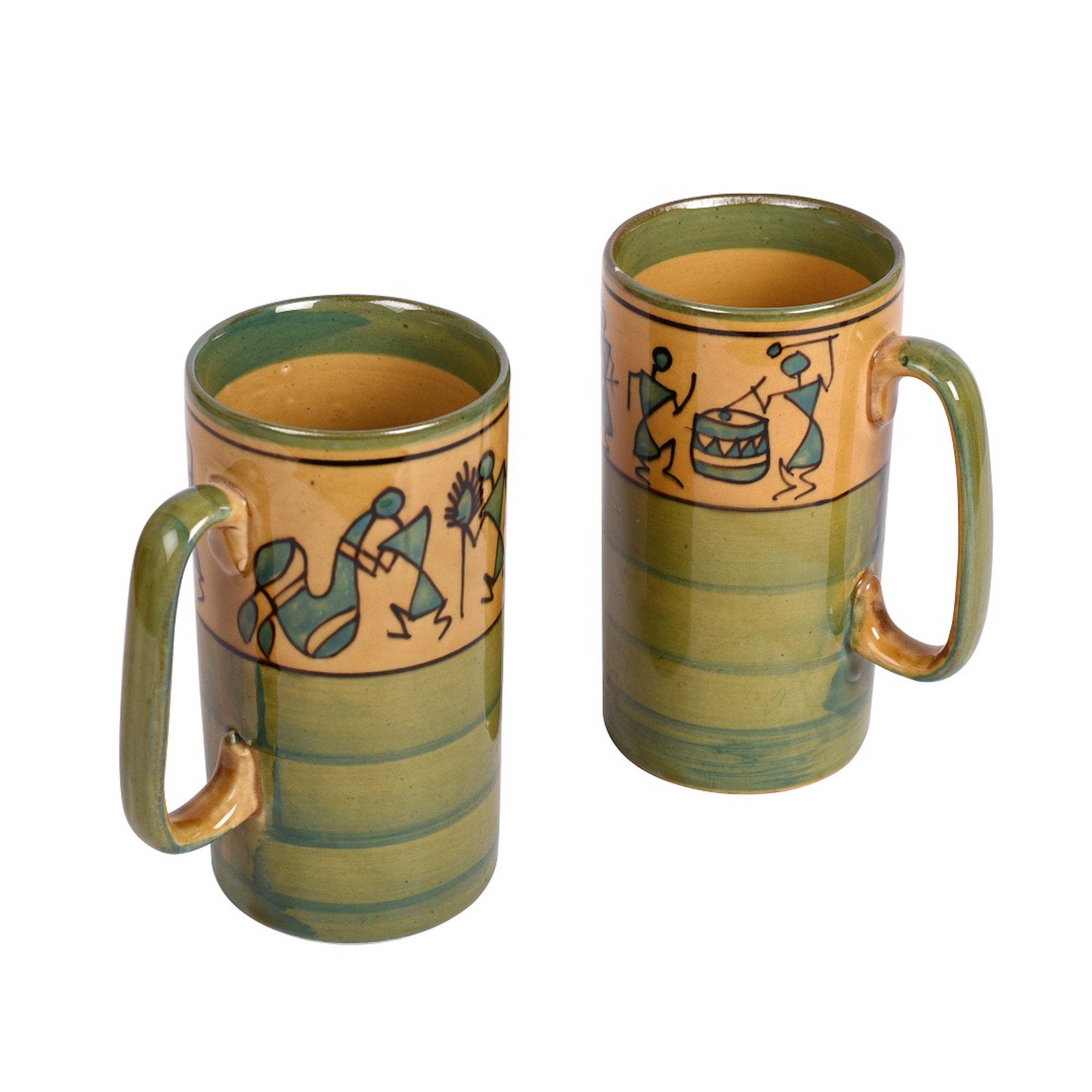 ART CREATIONS BY SUMAN SONTHALIA Green - Mug Ceramic Yellow Warli (Set of 2) (5x3.75x3.1) - view 3