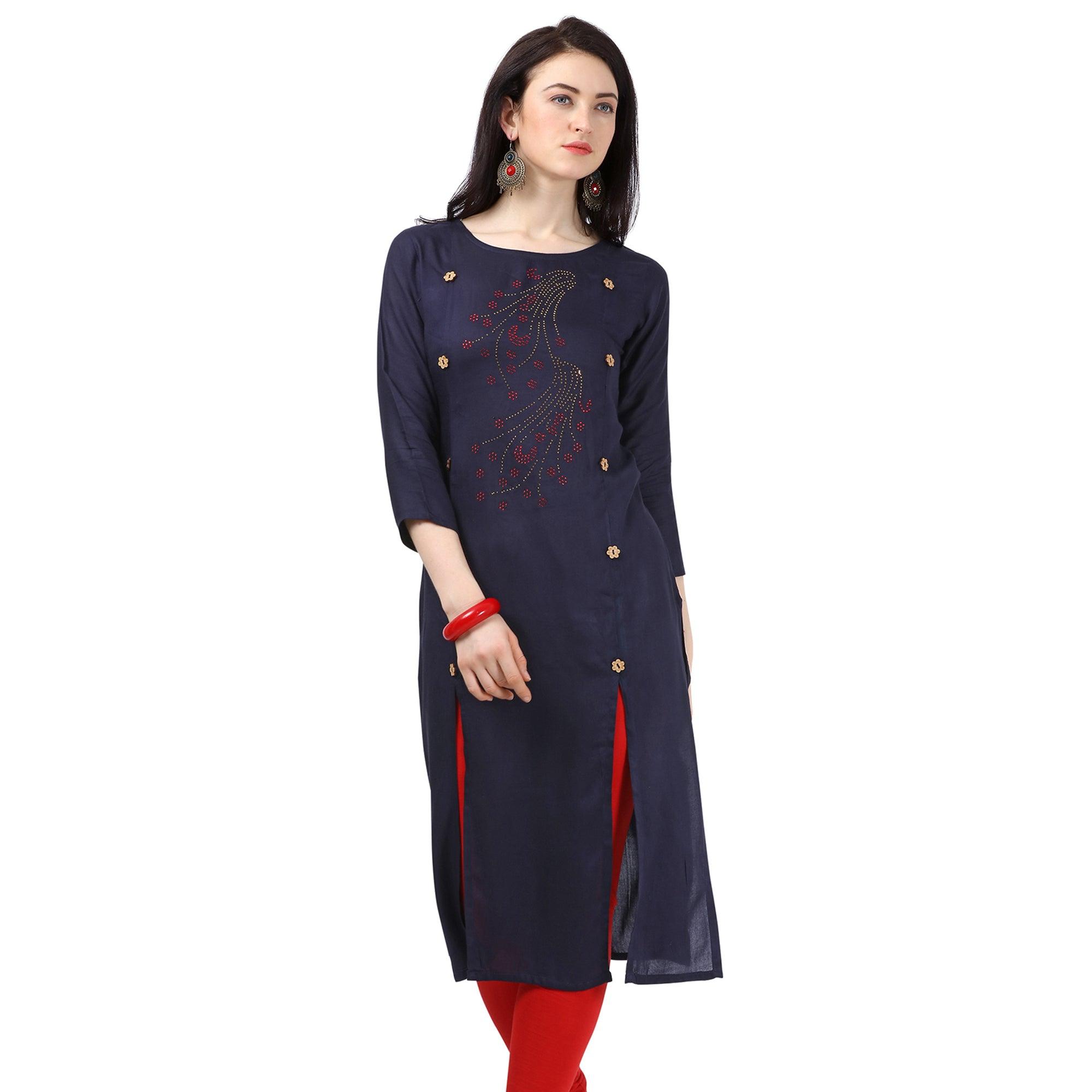 Peachmode Seller Majesty Navy Blue Colored Partywear Embellished Rayon Kurti