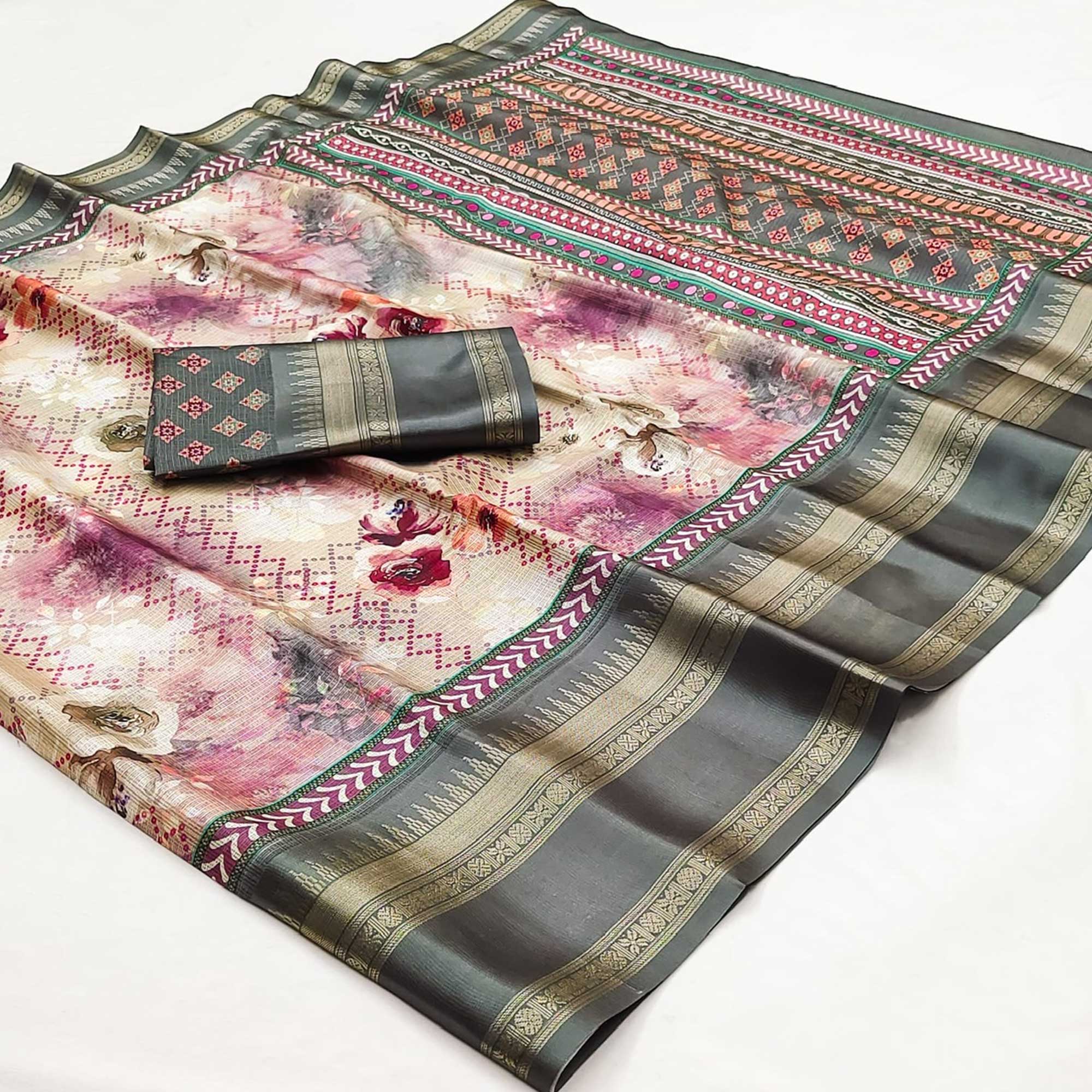 Peachmode Light Grey Floral Digital Printed Cotton Silk Saree - view 3