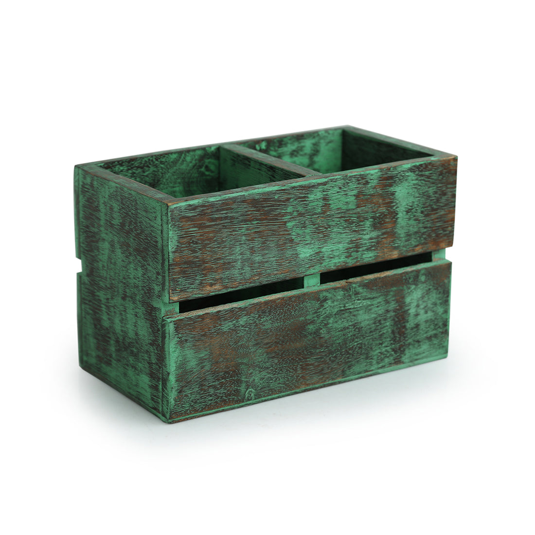 EXCLUSIVELANE 'Rustic Cuboid' Antique Finish Cutlery Holder In Mango Wood (2 Partitions) - view 2