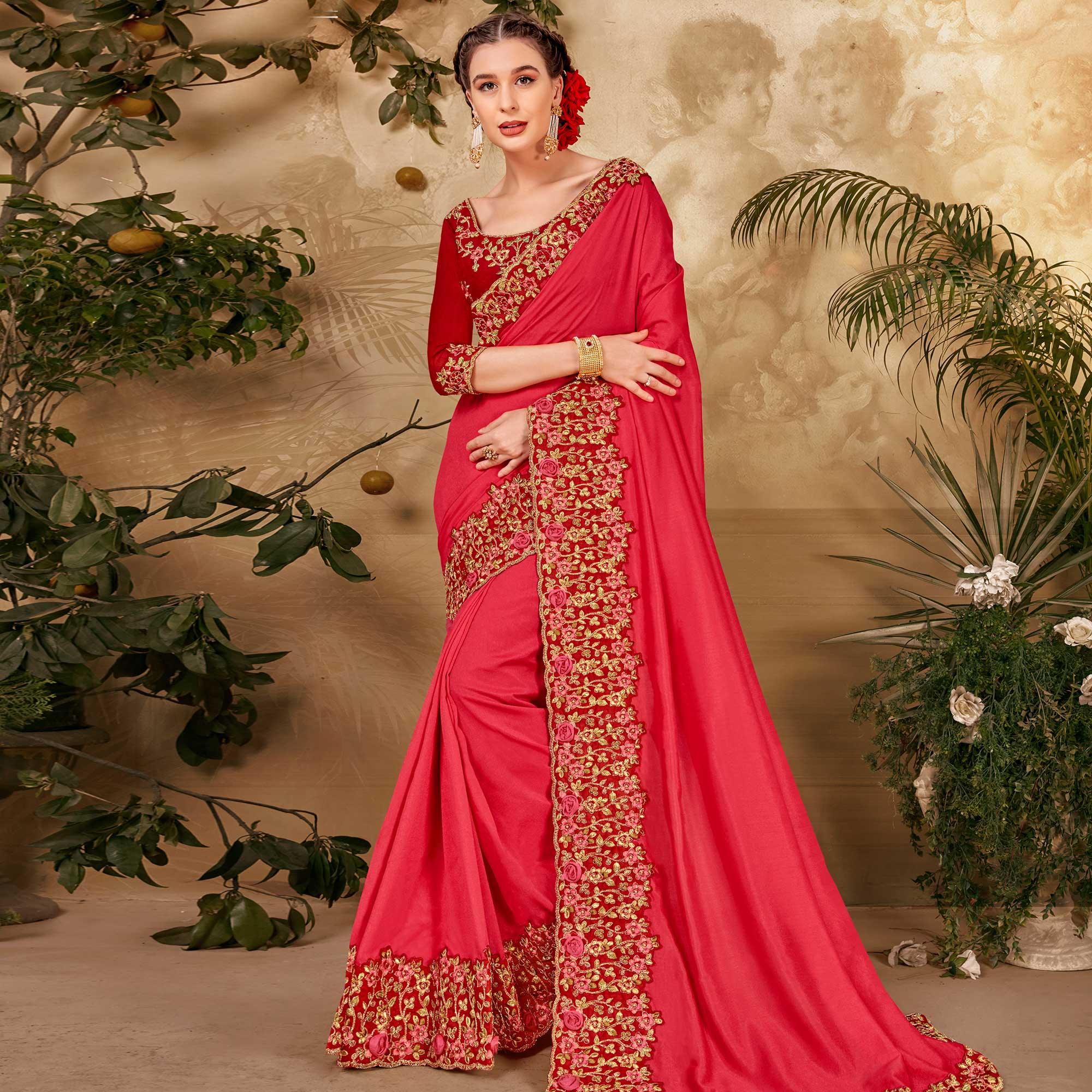 Peachmode Charming Red Colored Festive Wear Embroidered Vichitra Silk Saree