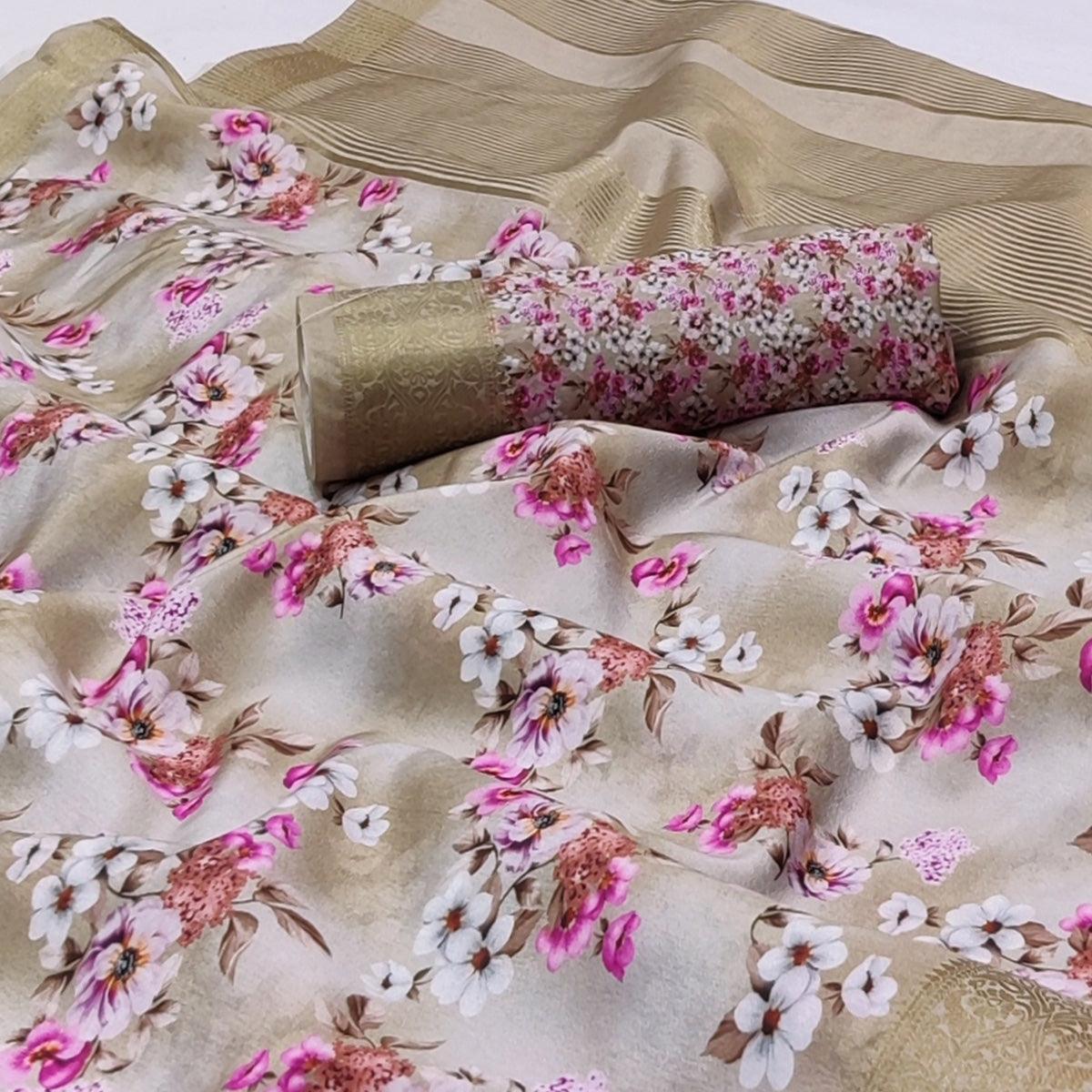 Peachmode Chikoo Digital Printed Dola Silk Saree - view 2