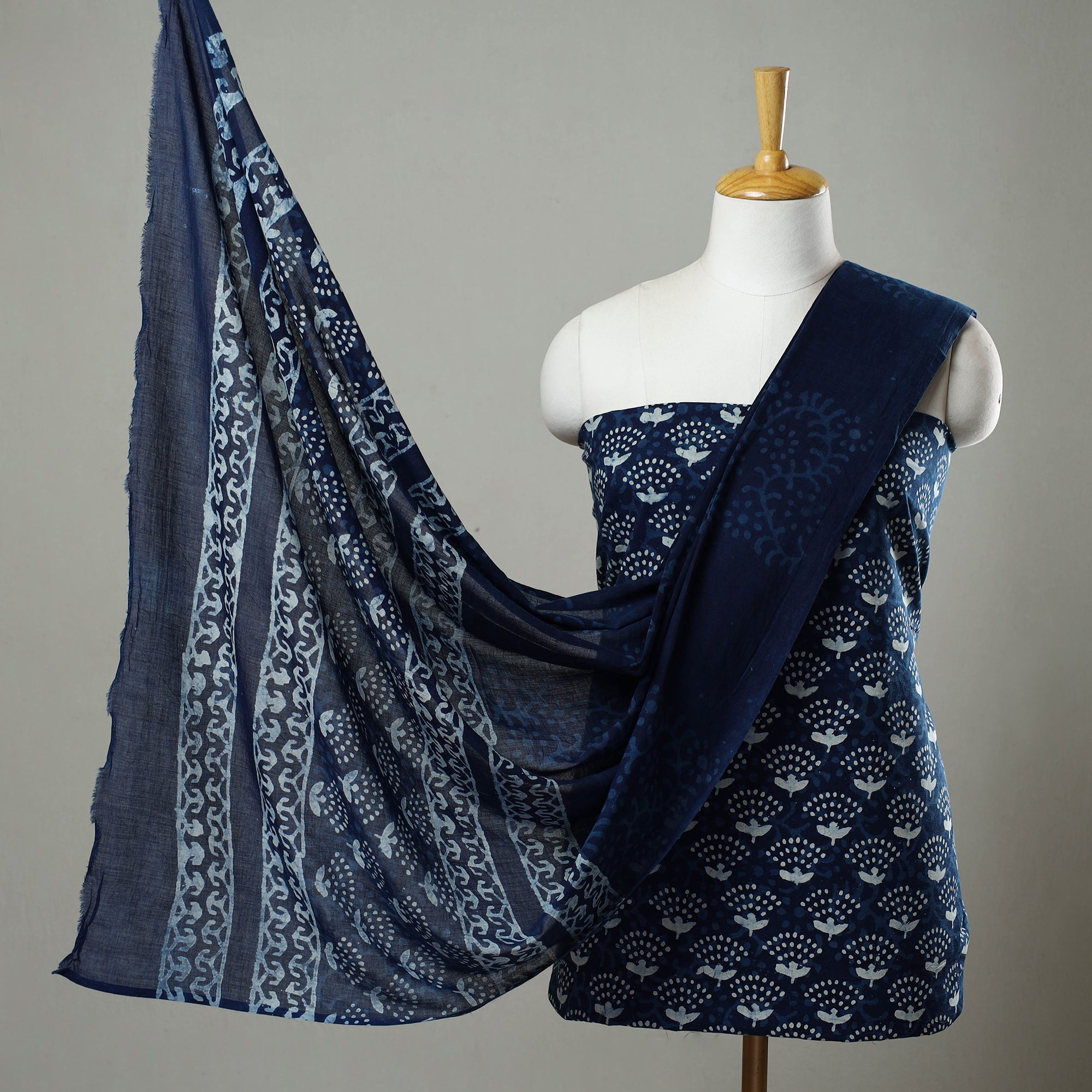 ARTISAN HAND BLOCK PRINTS Blue - 3pc Cotton Indigo Bagru Print Dress Material Set 16