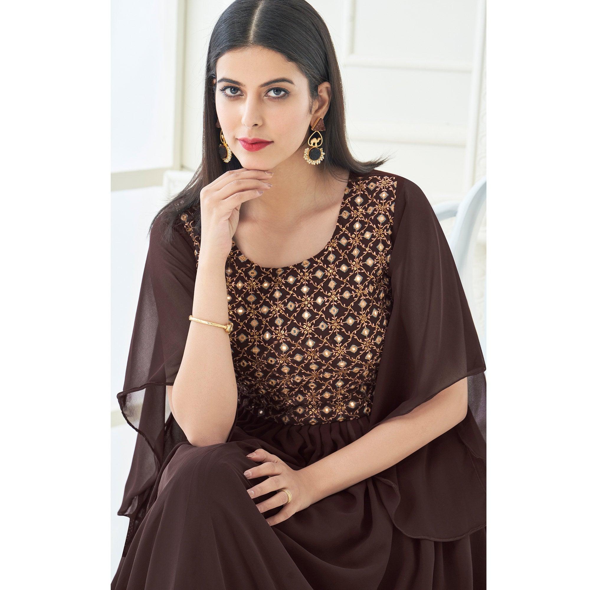 Peachmode Seller Brown Partywear Embroidered with Handwork Heavy Georgette Gown - view 2