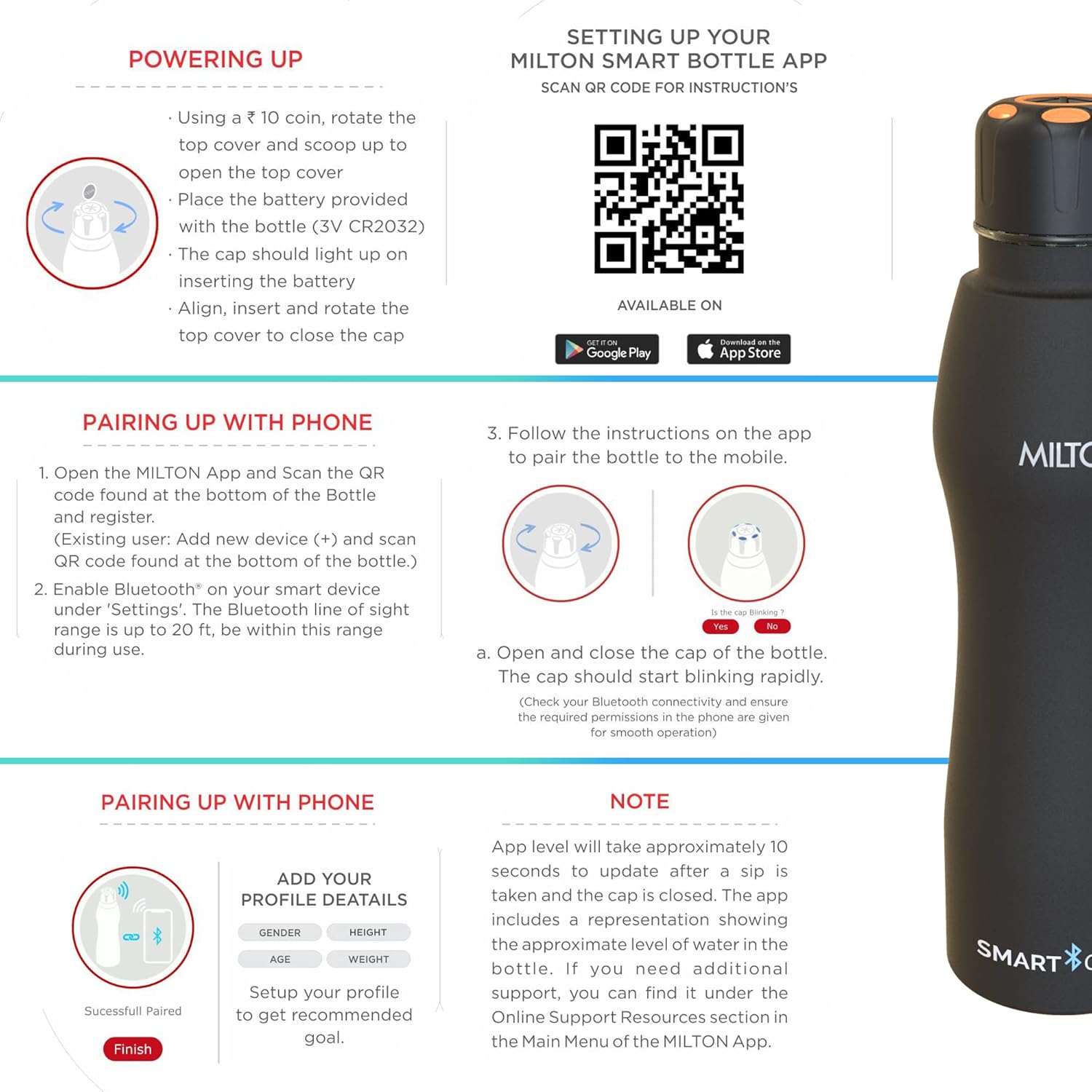 Milton Euroline Smart Stainless Steel Water Bottle | Mobile Hydration System | Bluetooth Enabled | Black | 1 Pc - view 6