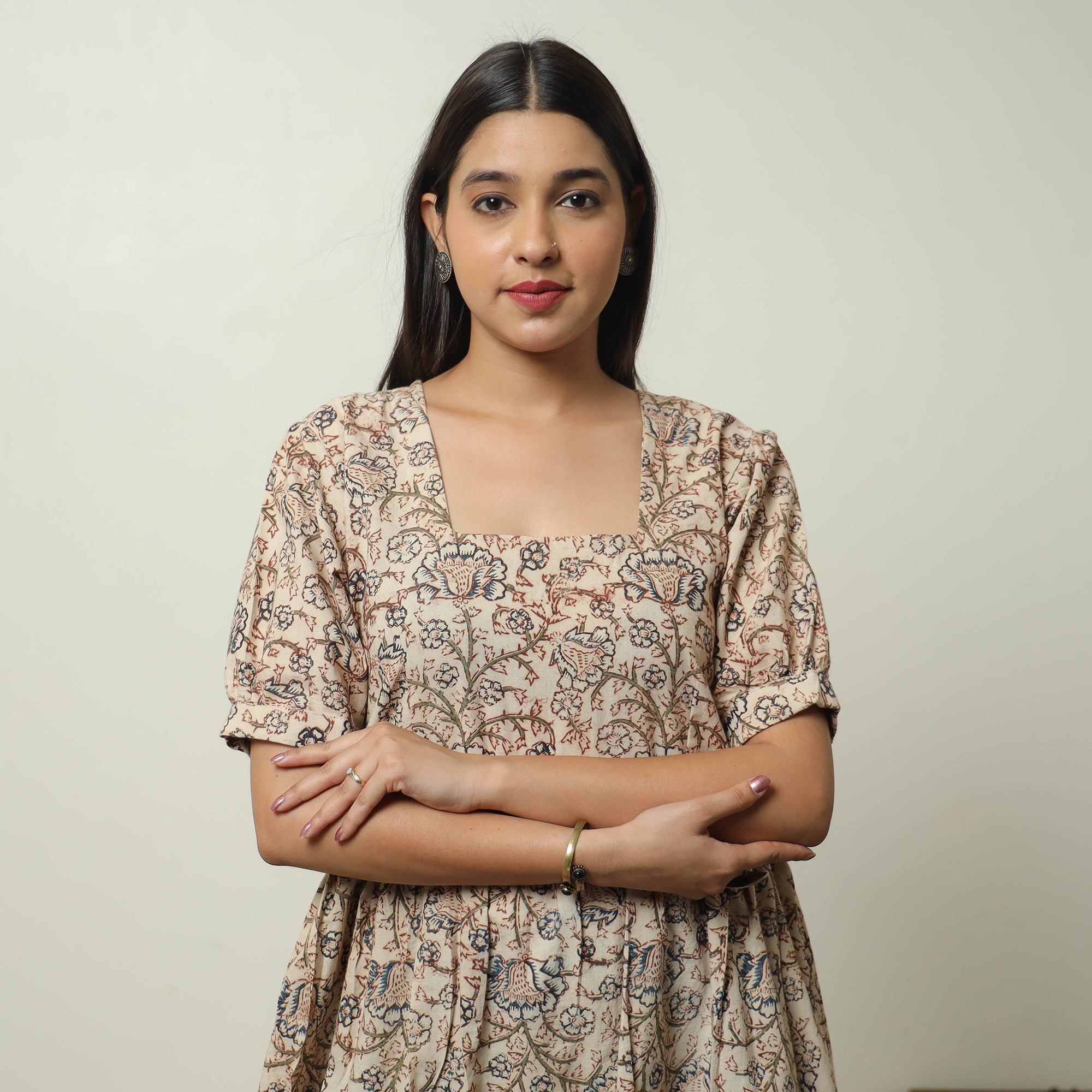 ITOKRI CASUALS Beige - Pedana Kalamkari Block Printed Cotton Tiered Dress 02