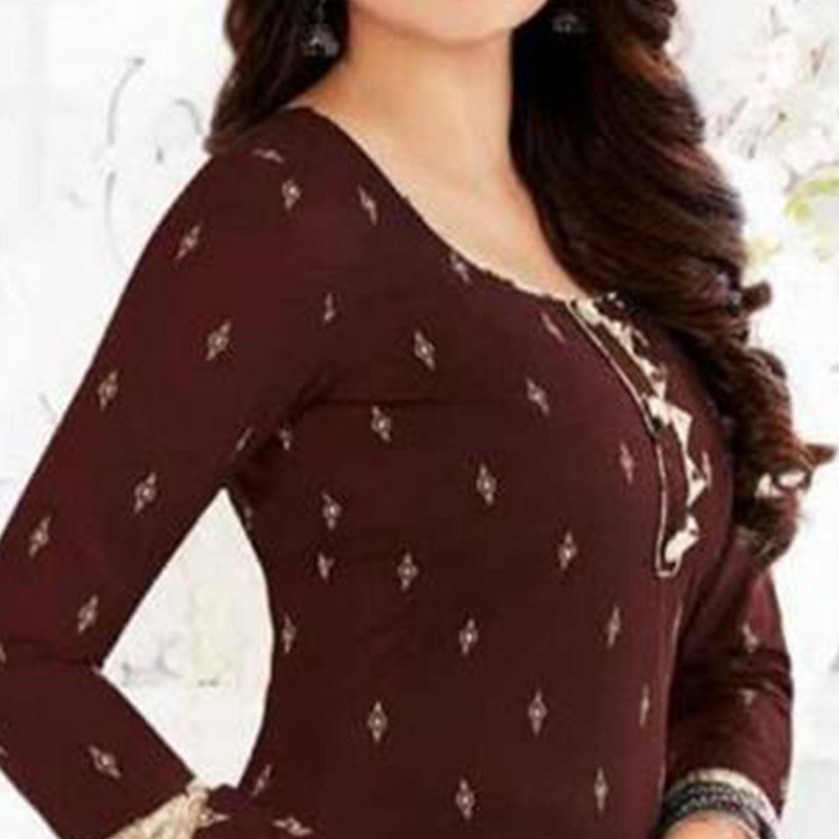 Peachmode Brown Printed Crepe Patiala Dress Material - view 2