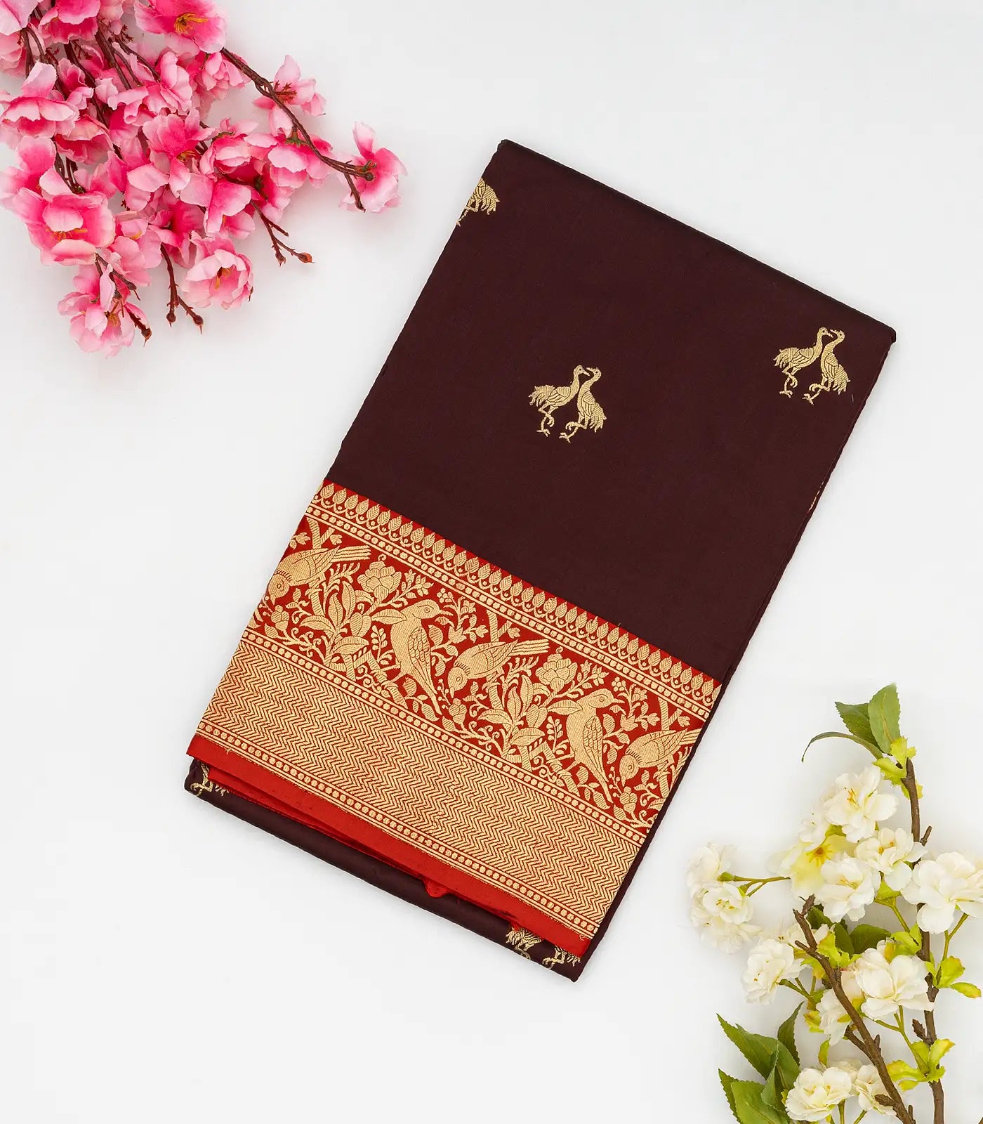 RmKV Maroon Handloom Banarasi Silk Saree With Bird Buttas