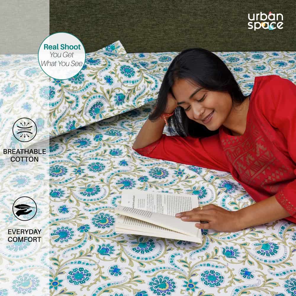 Urban Space -Home Furnishing Store Fitted King Size Cotton Bedsheet - Guldaudi Floral- Blue - view 5