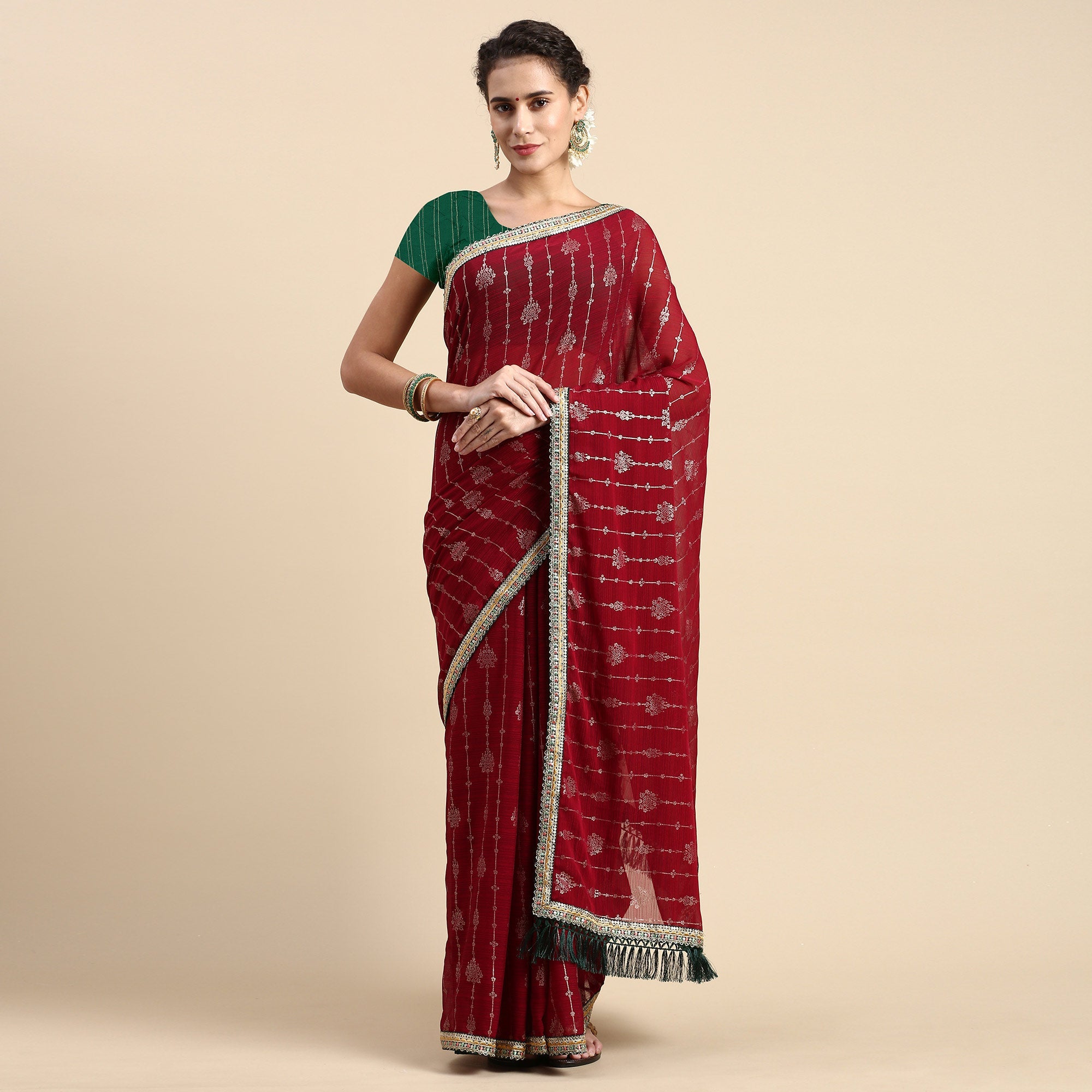 Peachmode Maroon Foil Printed With Fancy Border Zomato Silk Saree - view 2