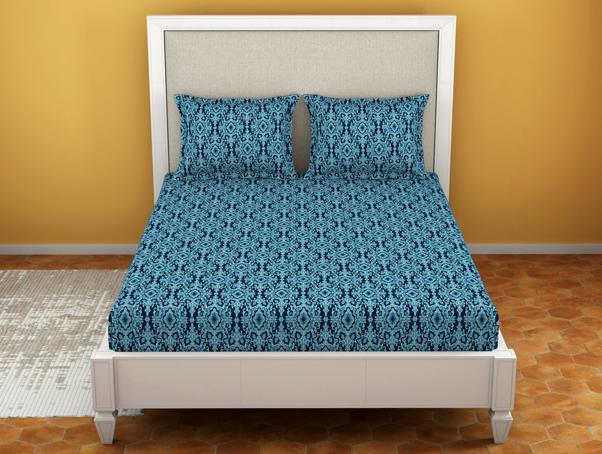 Spaces India Ornate Poseidon - Dark Blue Microfiber Double Bedsheet - Dazzle By Welspun