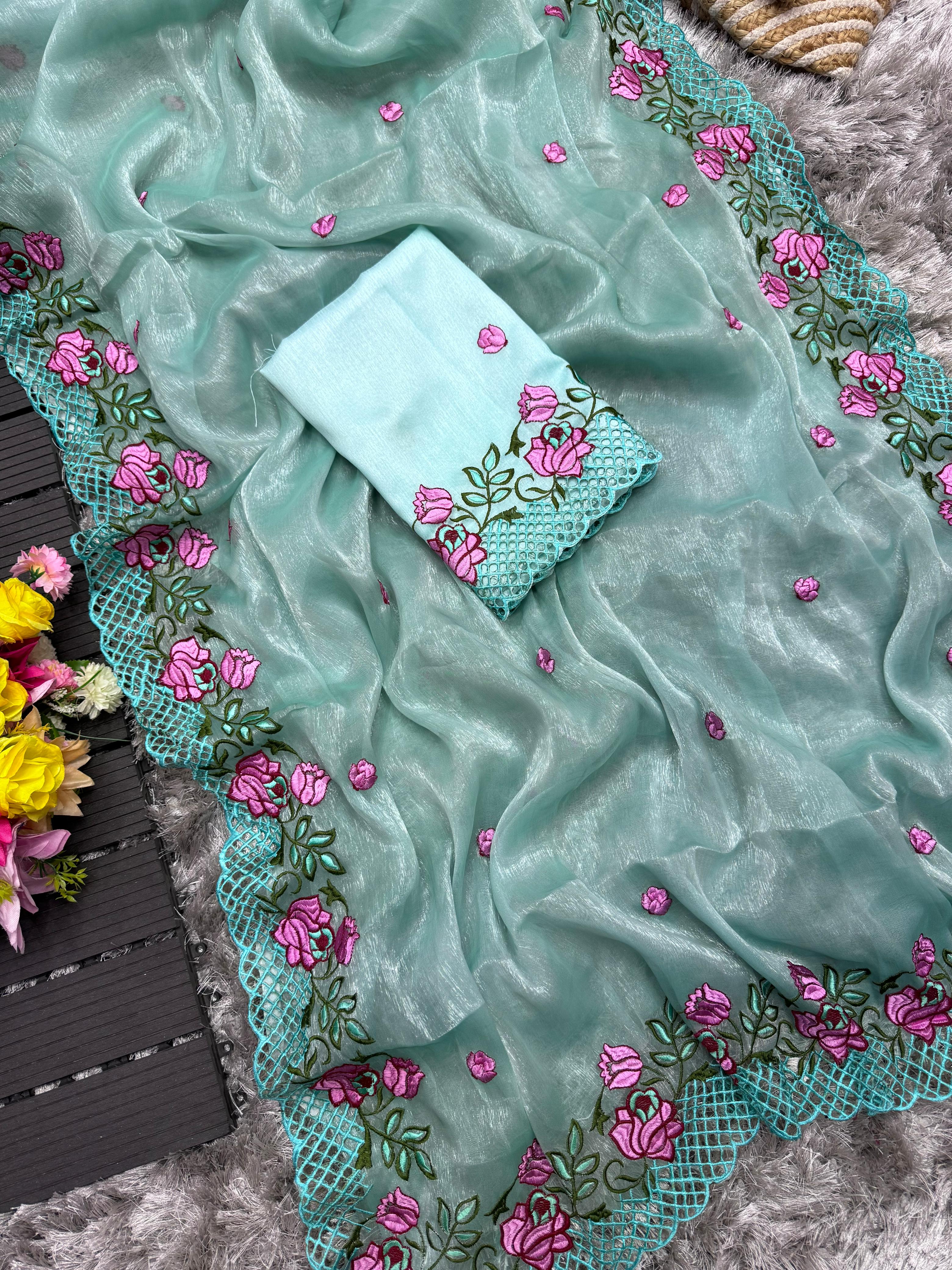 ClothsVilla Sky Blue Crush Silk Saree with Intricate Floral Embroidery & Matching Blouse