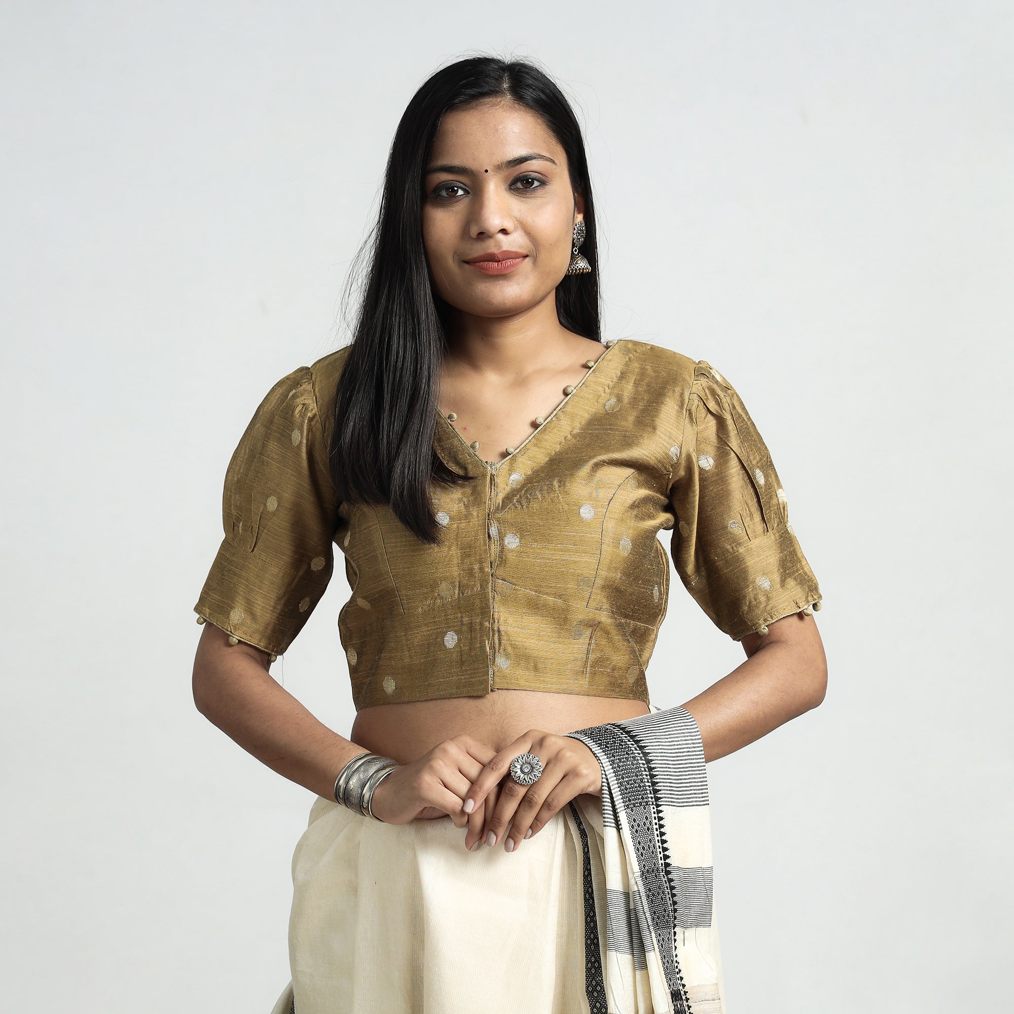ITOKRI CASUALS Brown - Polka Dot Zari Buti Viscose Silk Stitched V Neck Blouse