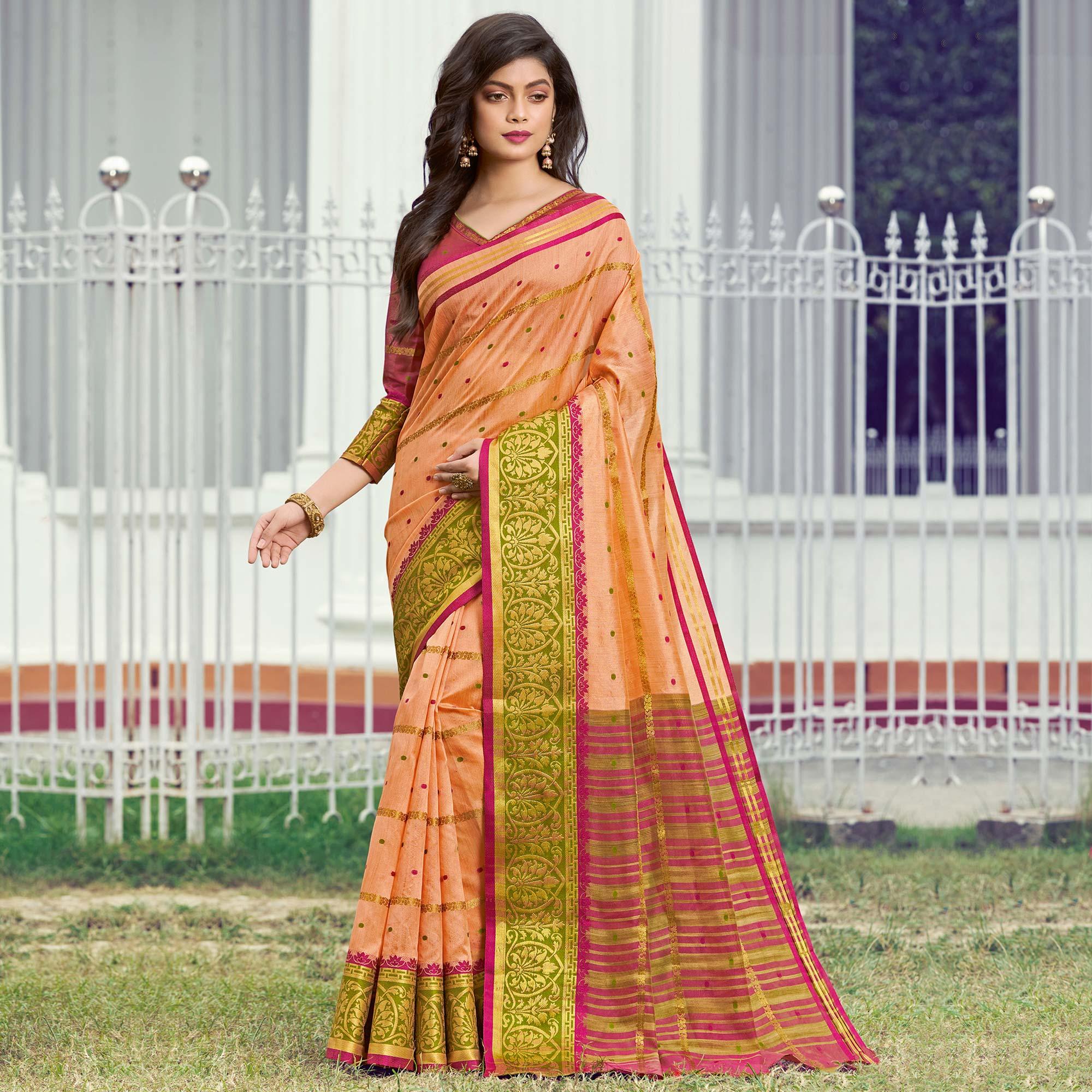Peachmode Dazzling Peach Colored Festive Wear Woven Handloom Silk Saree