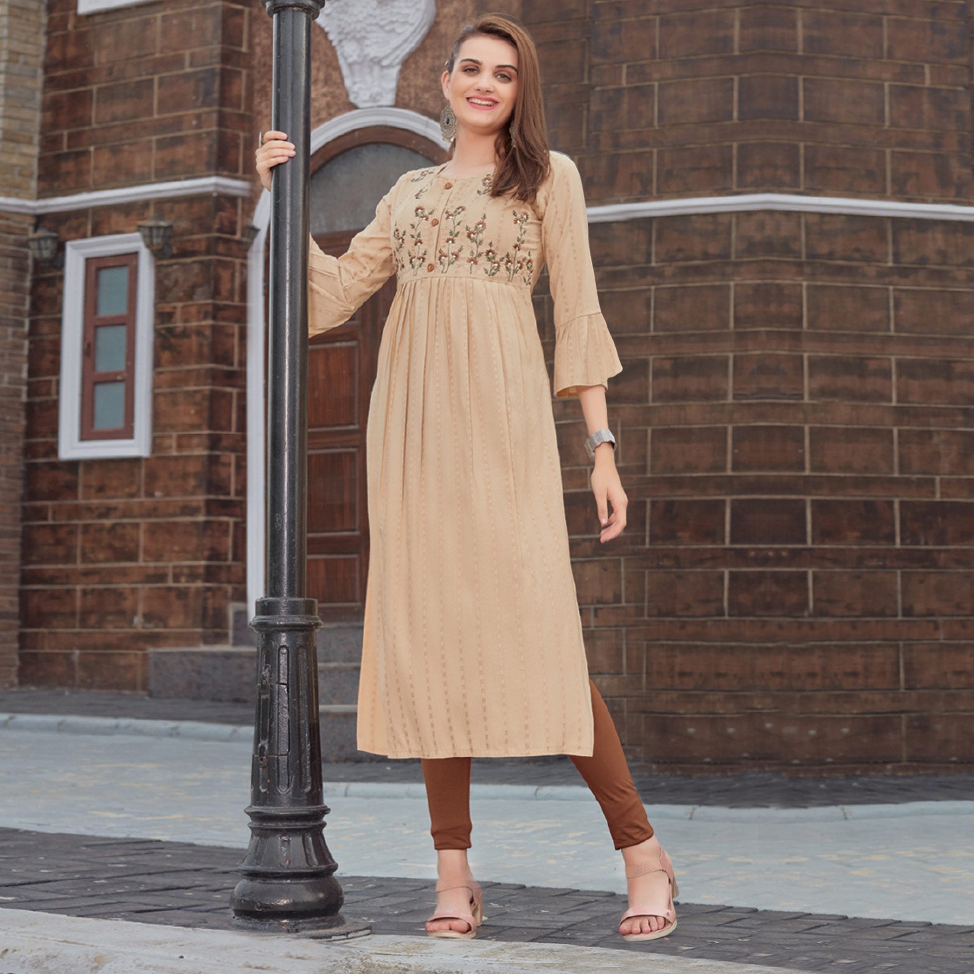 Peachmode Seller Light Brown Floral Embroidered Rayon Naira Cut Kurti - view 2