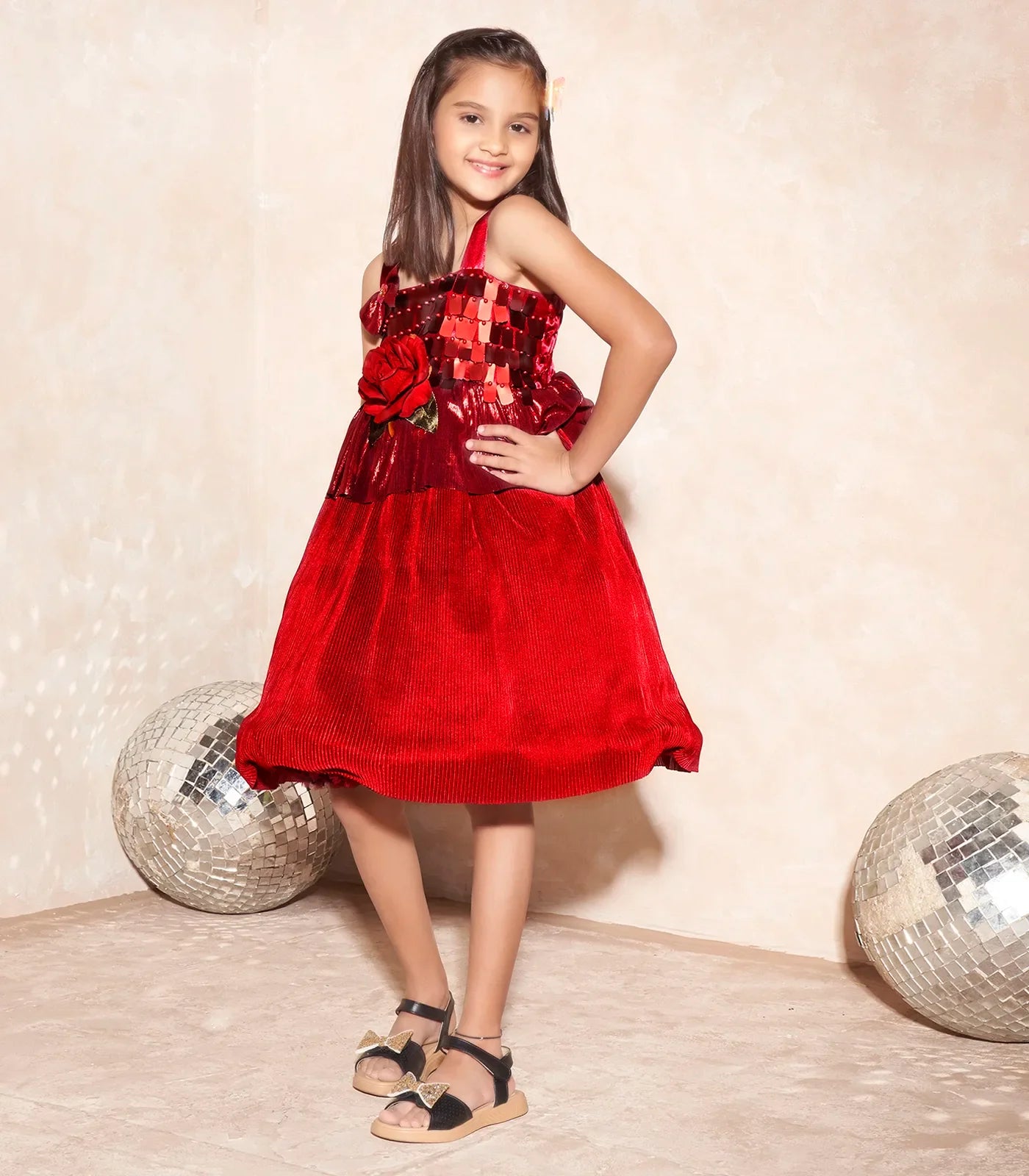 RmKV Deep red party wear frock with rose applique-Red-14