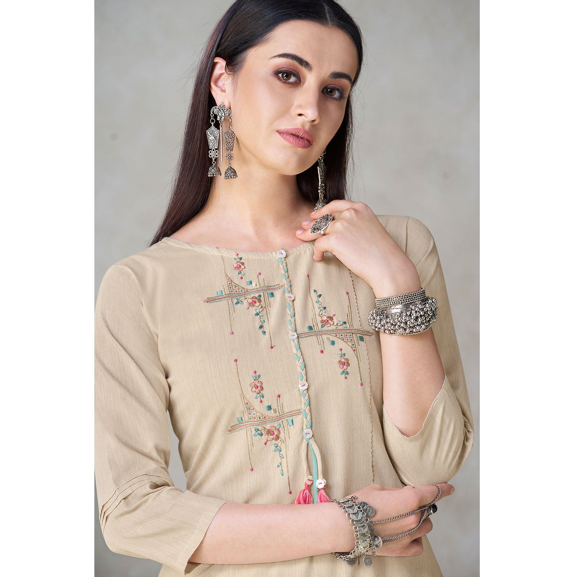 Peachmode Seller Groovy Beige Colored Partywear Embroidered Viscose Kurti - view 4