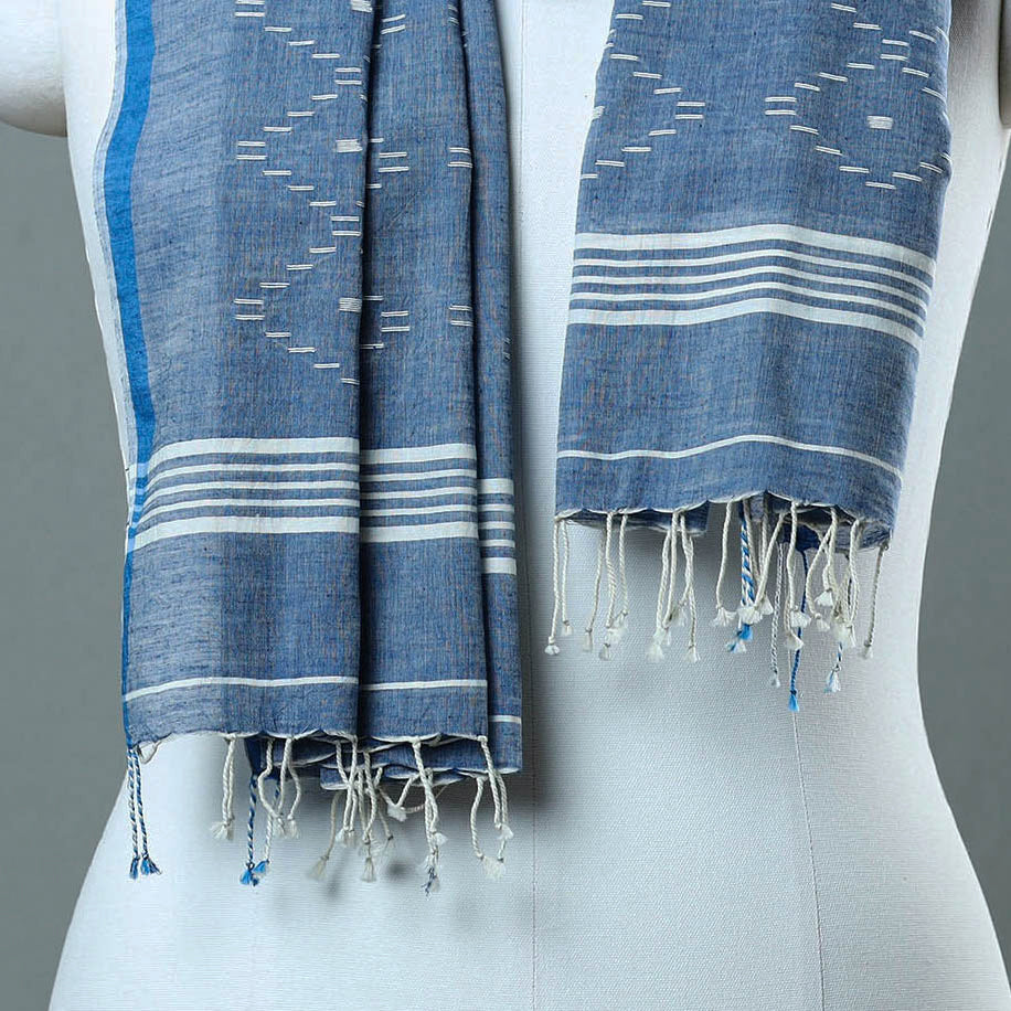 KHUSHBASH - HAPPY LOOM OF EAST Blue - Burdwan Jamdani Cotton Handloom Stole with Tassels 28 - view 3