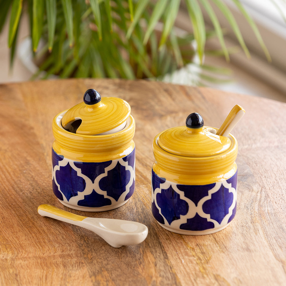 EXCLUSIVELANE 'Moroccan' Handpainted Ceramic Pickle & Chutney Jars With Spoons (Set Of 2)