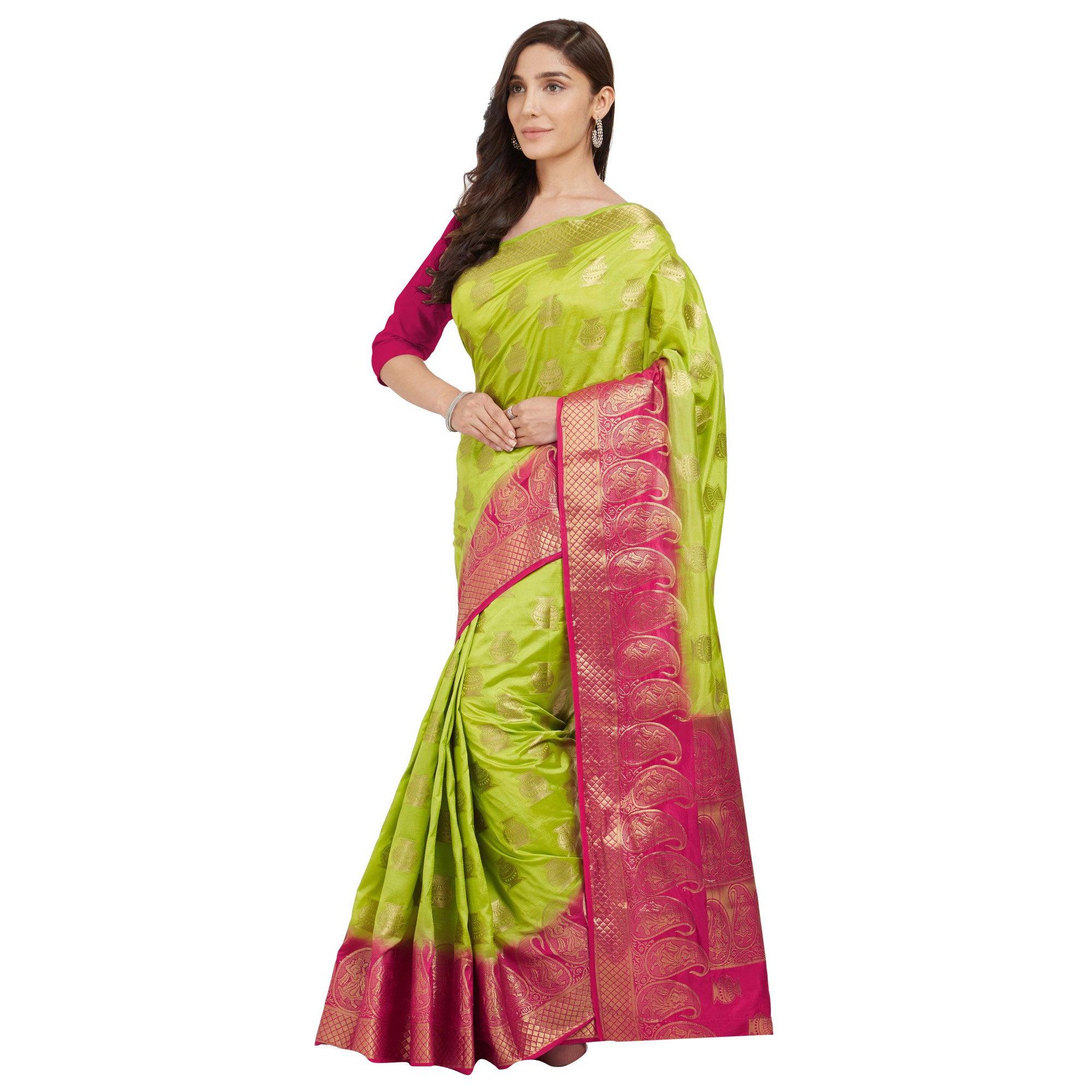 Peachmode Exceptional Green Colored Festive Wear Woven Cotton Silk Saree - view 3