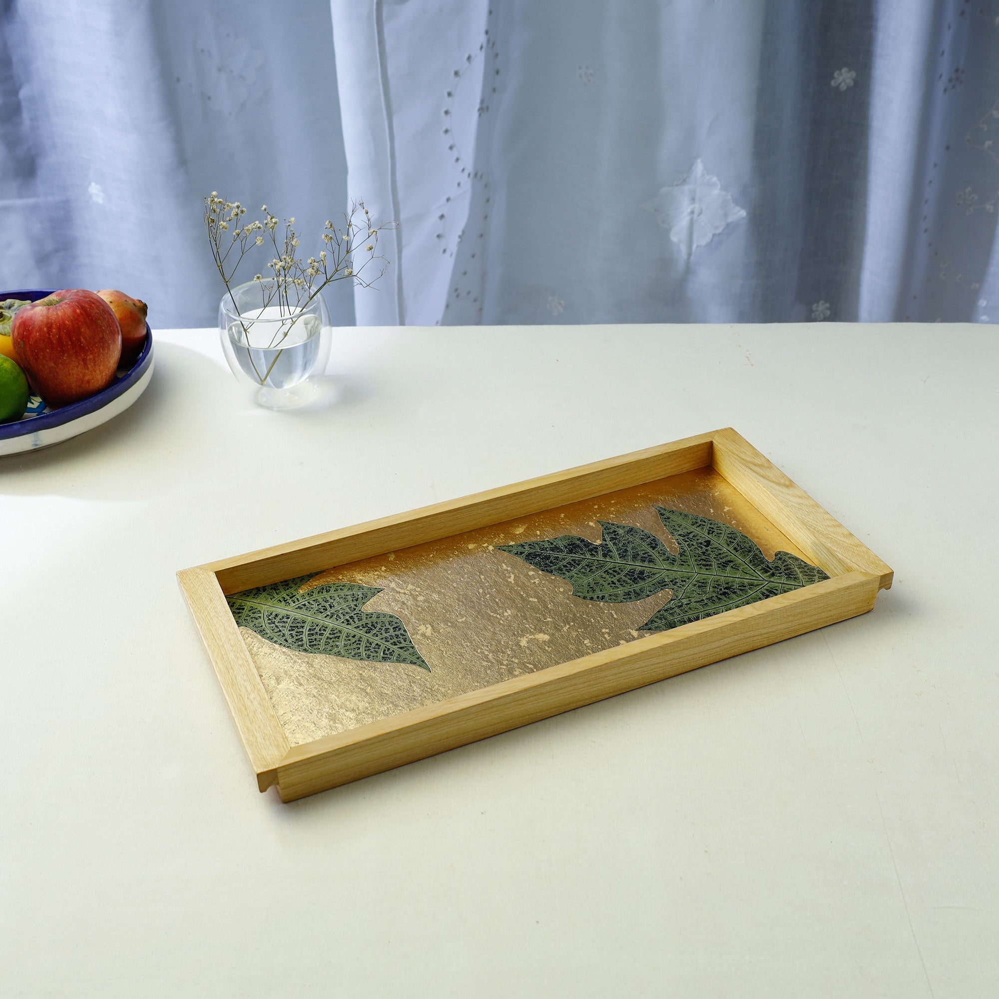 SHRADHANJALI - AN AUROVILLE UNIT Gold - Papaya Leaf Art Work Wooden Tray (16 x 8 x 1 in)