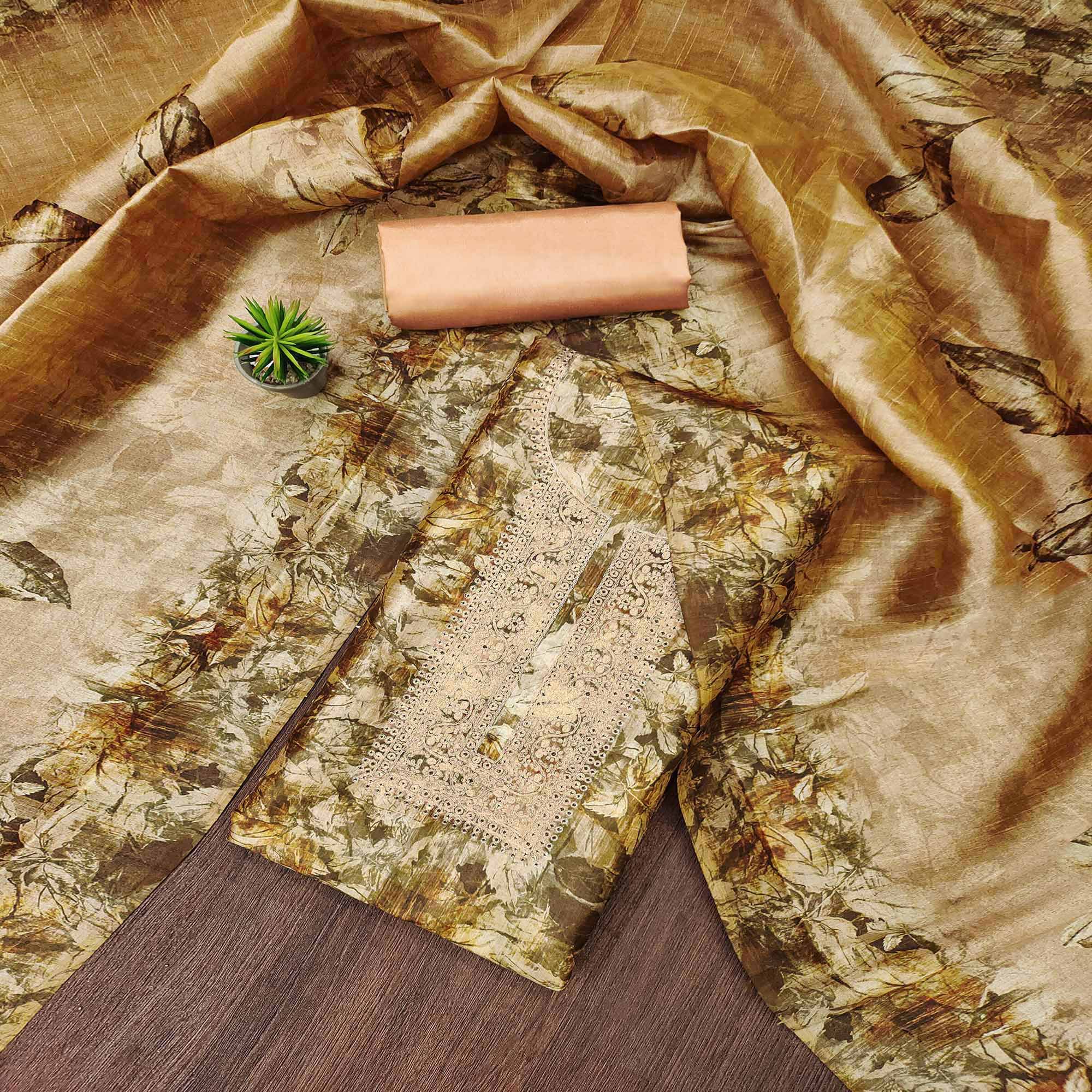 Peachmode Brown Printed Cotton Silk Dress Material