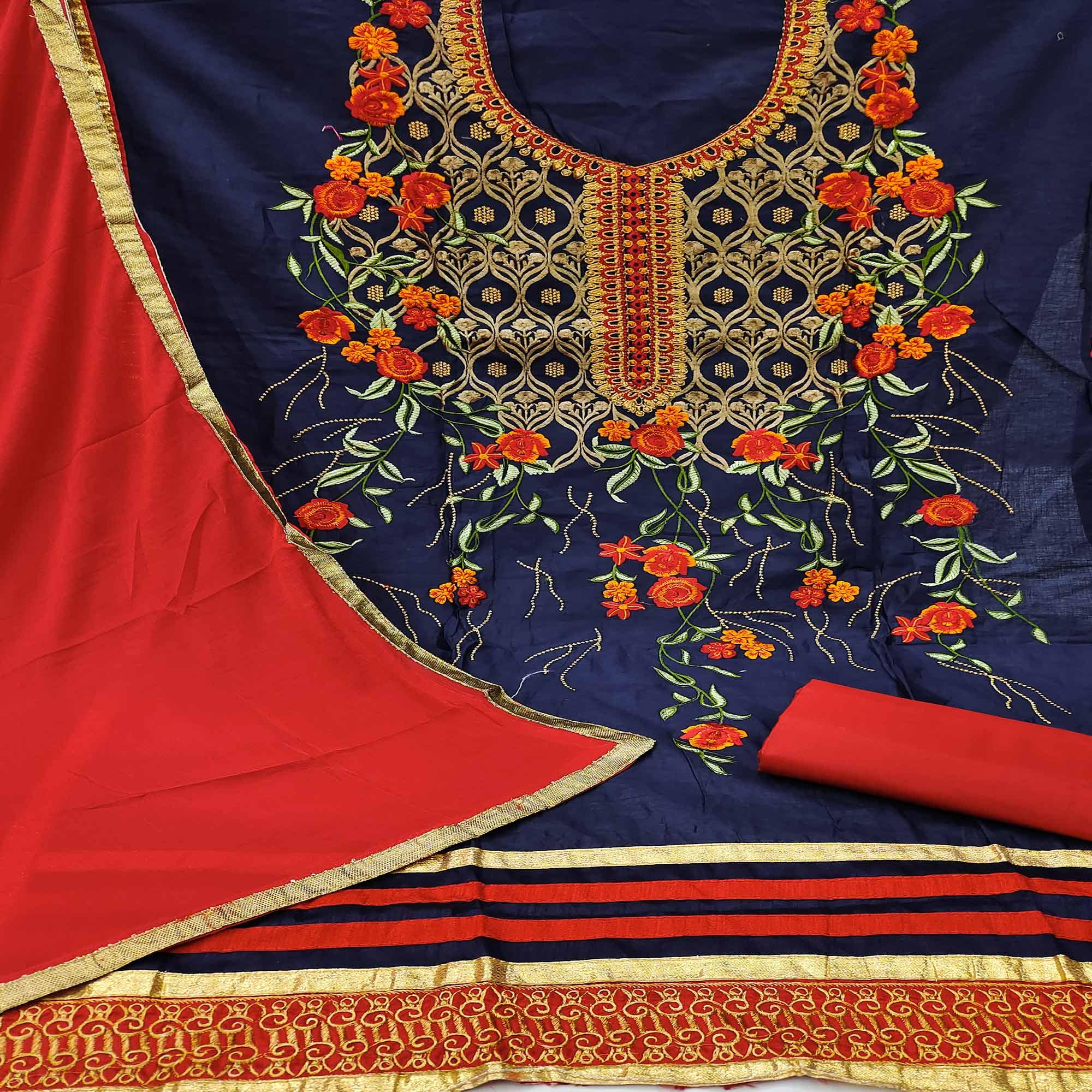 Peachmode Dark Navy Blue Festive Wear Floral Embroidered Cotton Dress Material - view 2