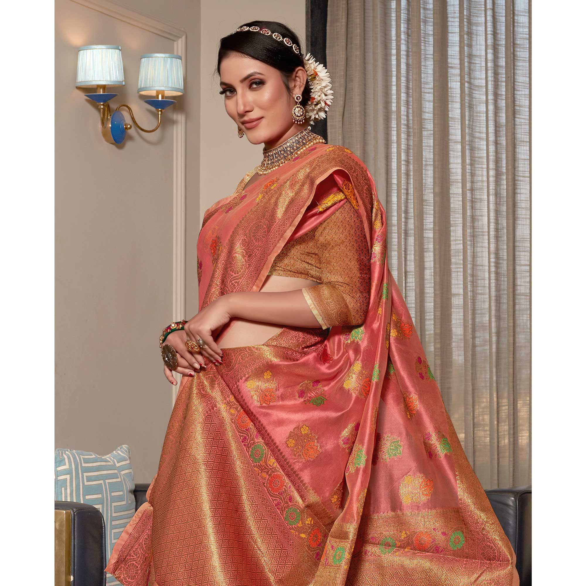 Peachmode Gajari Pink Floral Woven Organza Saree - view 5