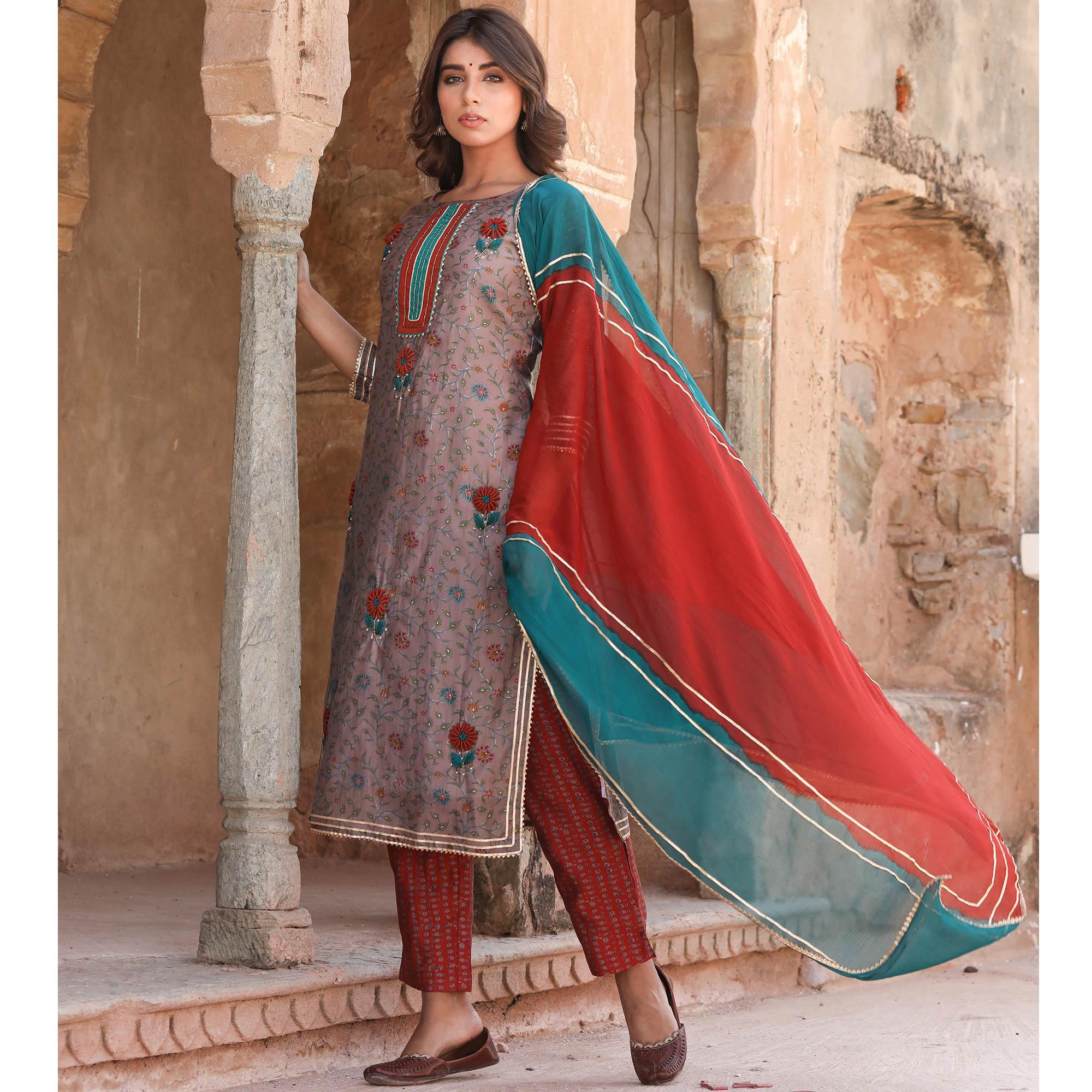 Peachmode Brown Partywear Floral Printed Cotton Kurti - Pant Set With Dupatta - view 2
