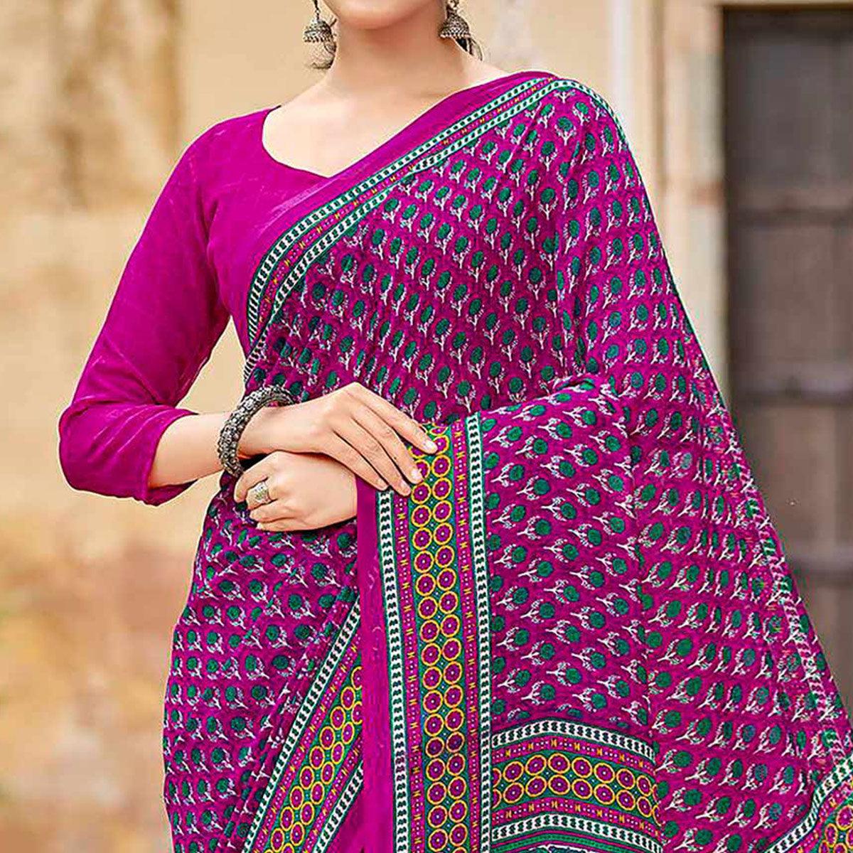 Peachmode Magenta Purple Printed Georgette Saree - view 2
