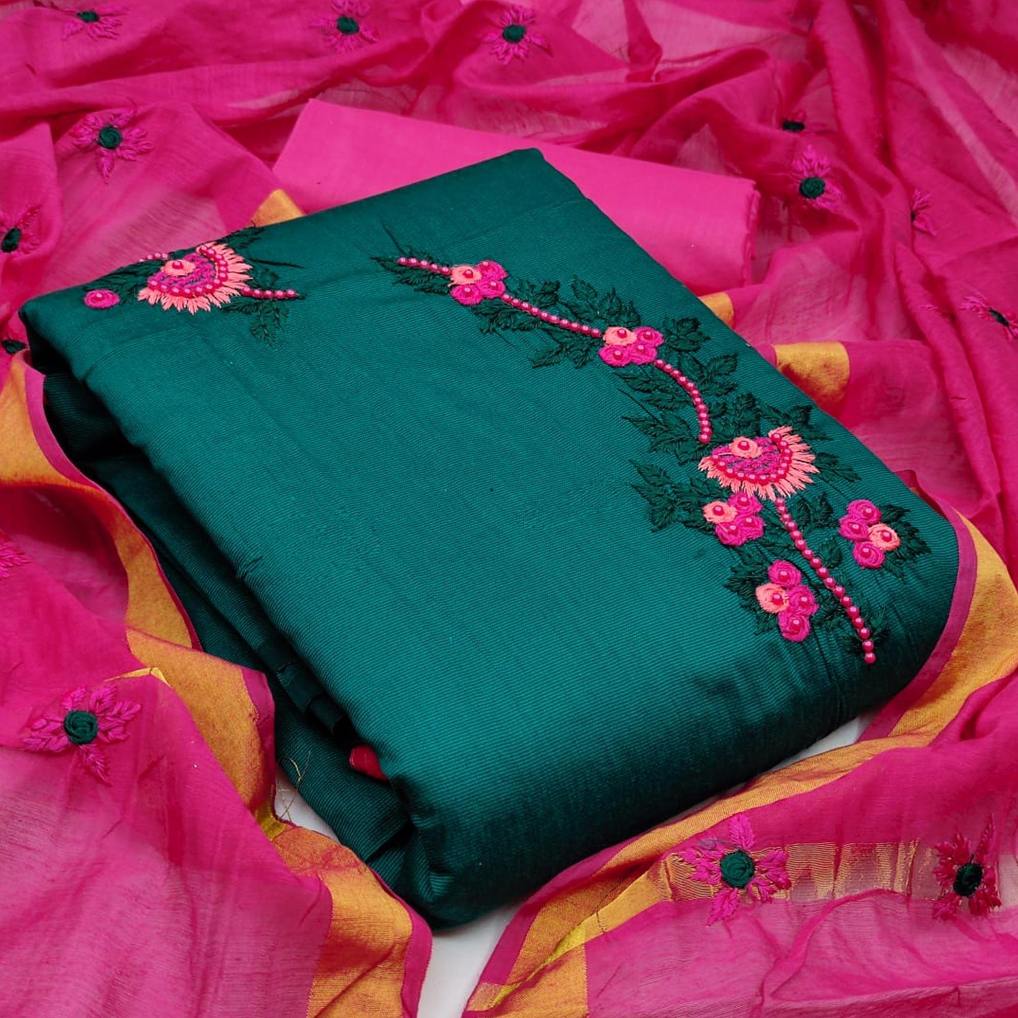 Peachmode Captivating Rama Colored Casual Wear Embroidered Cotton Dress Material