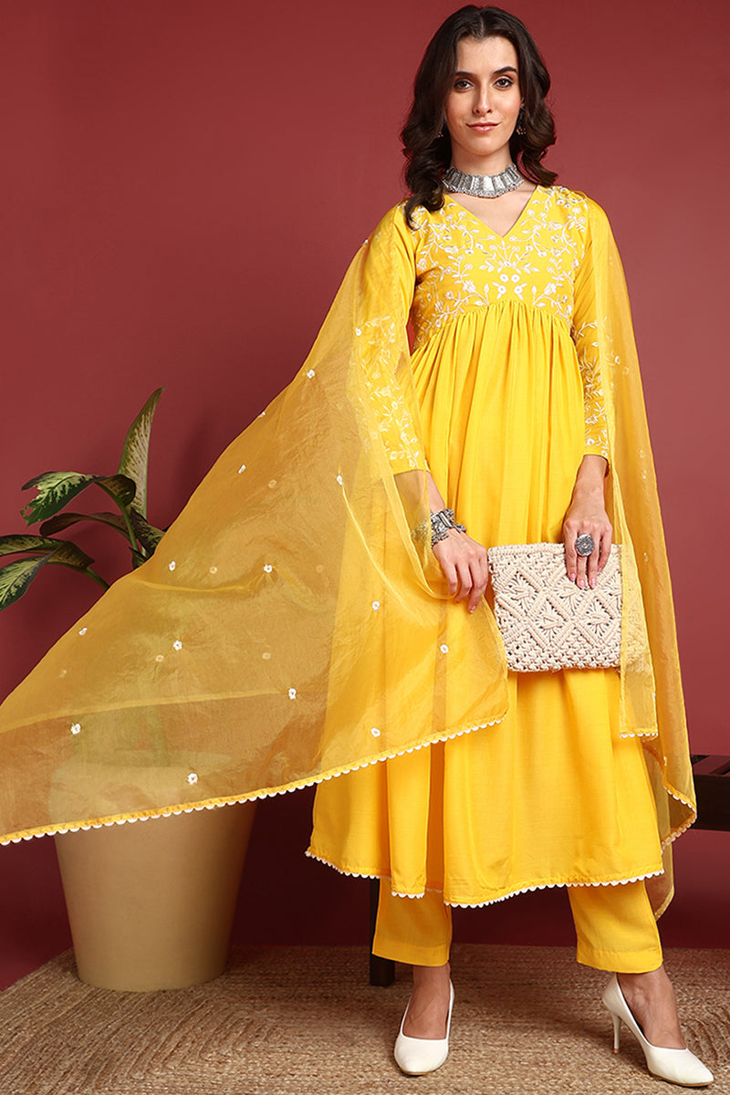 Ahika Yellow Cotton Blend Solid Embroidered A-Line Suit Set PKSKD2379