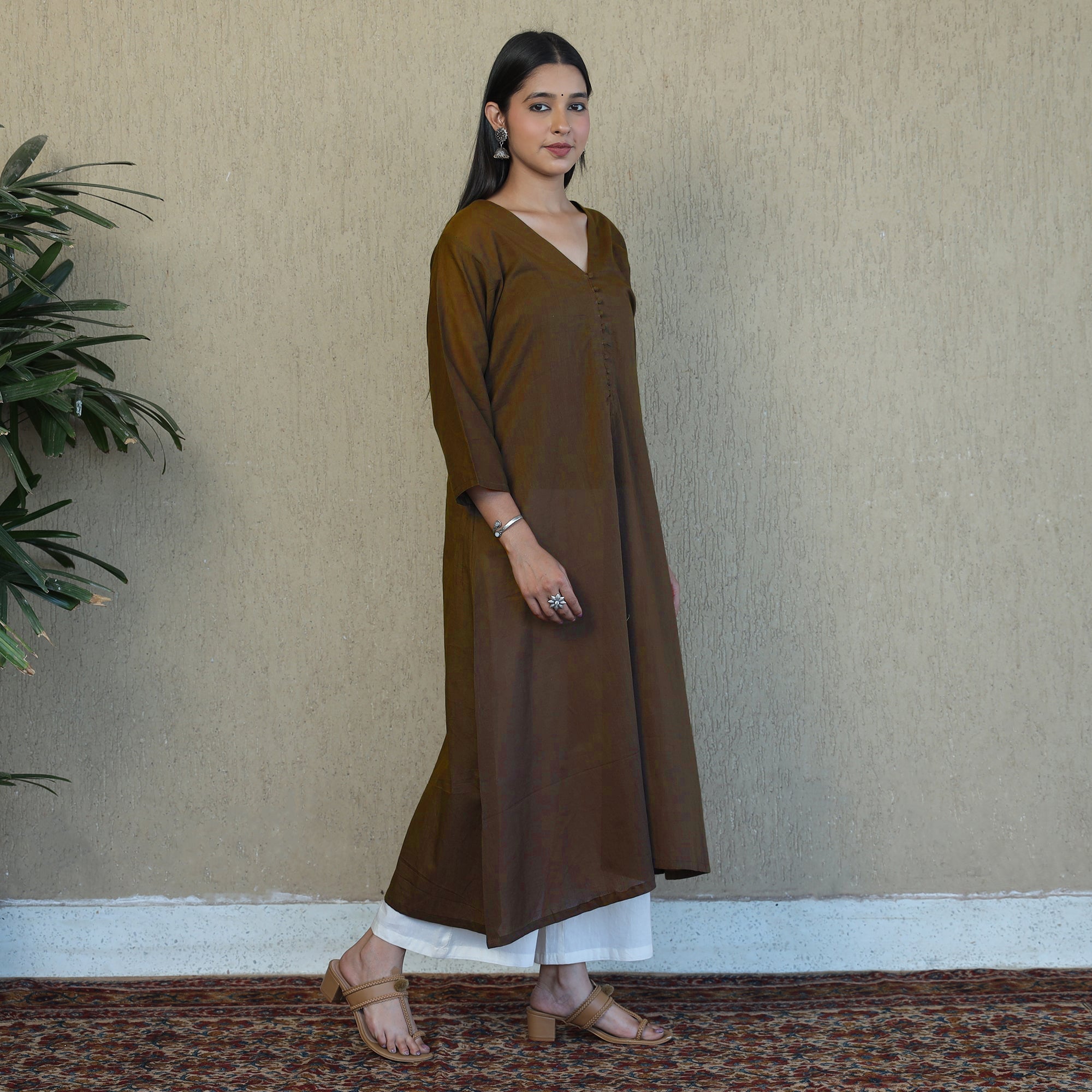 Brown - Mulmalai Cotton Plain Dyed A-Line Kurta - view 2