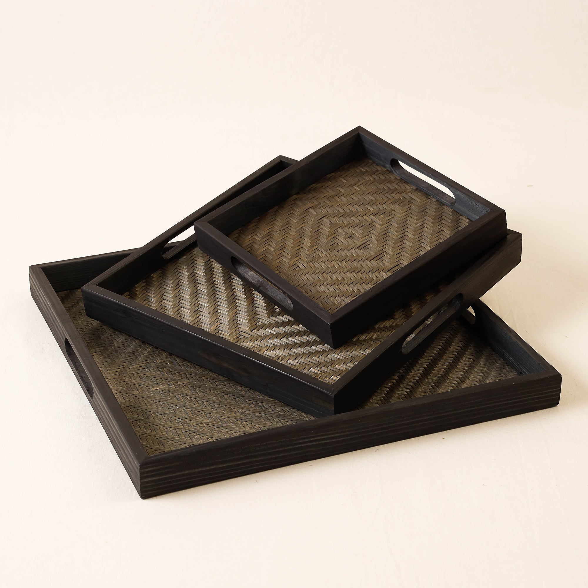 Black - Kadam Haat Handmade Bamboo Square Tray ( Set of 3) - view 2