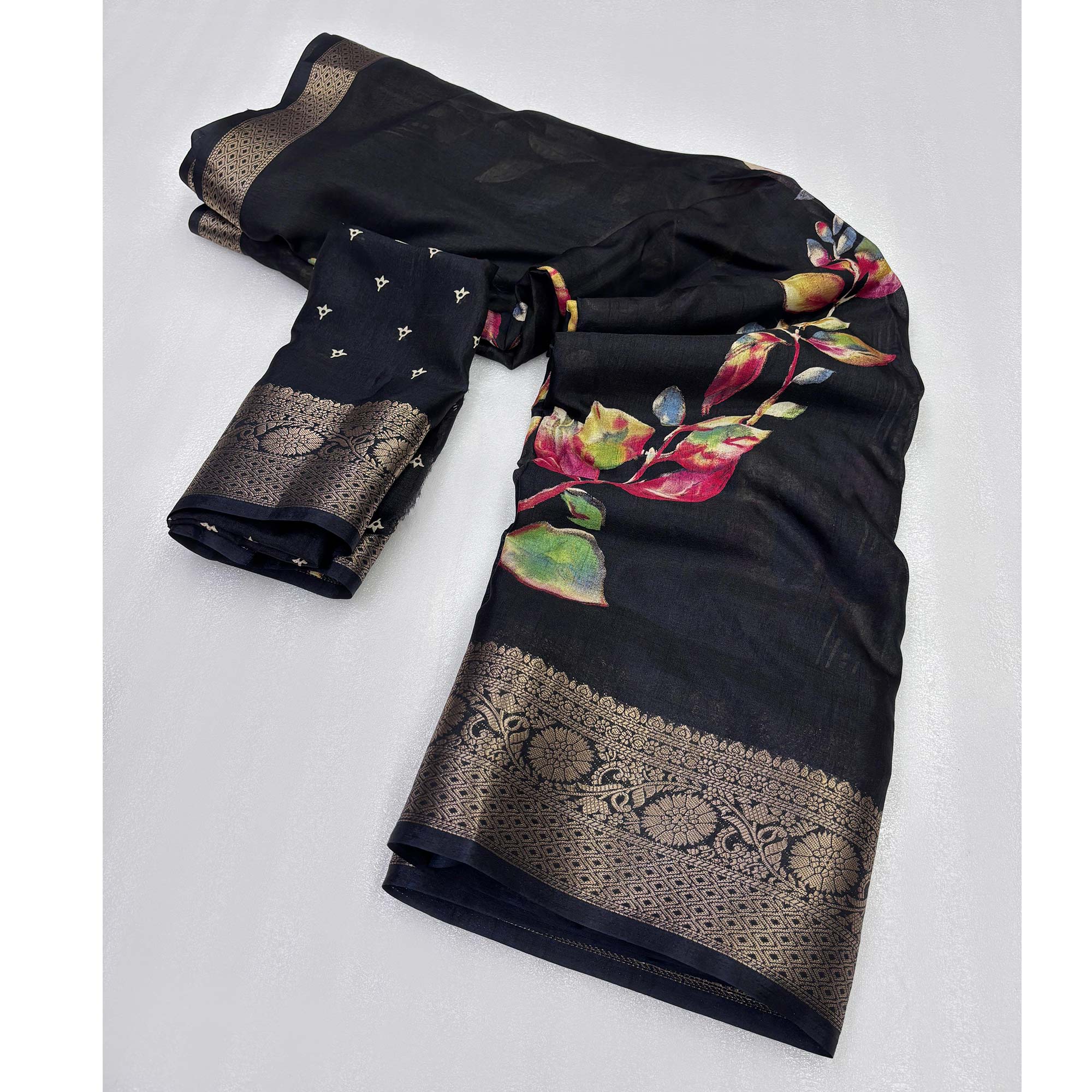 Peachmode Black Printed Dola Silk Saree With Jacquard Border - view 3