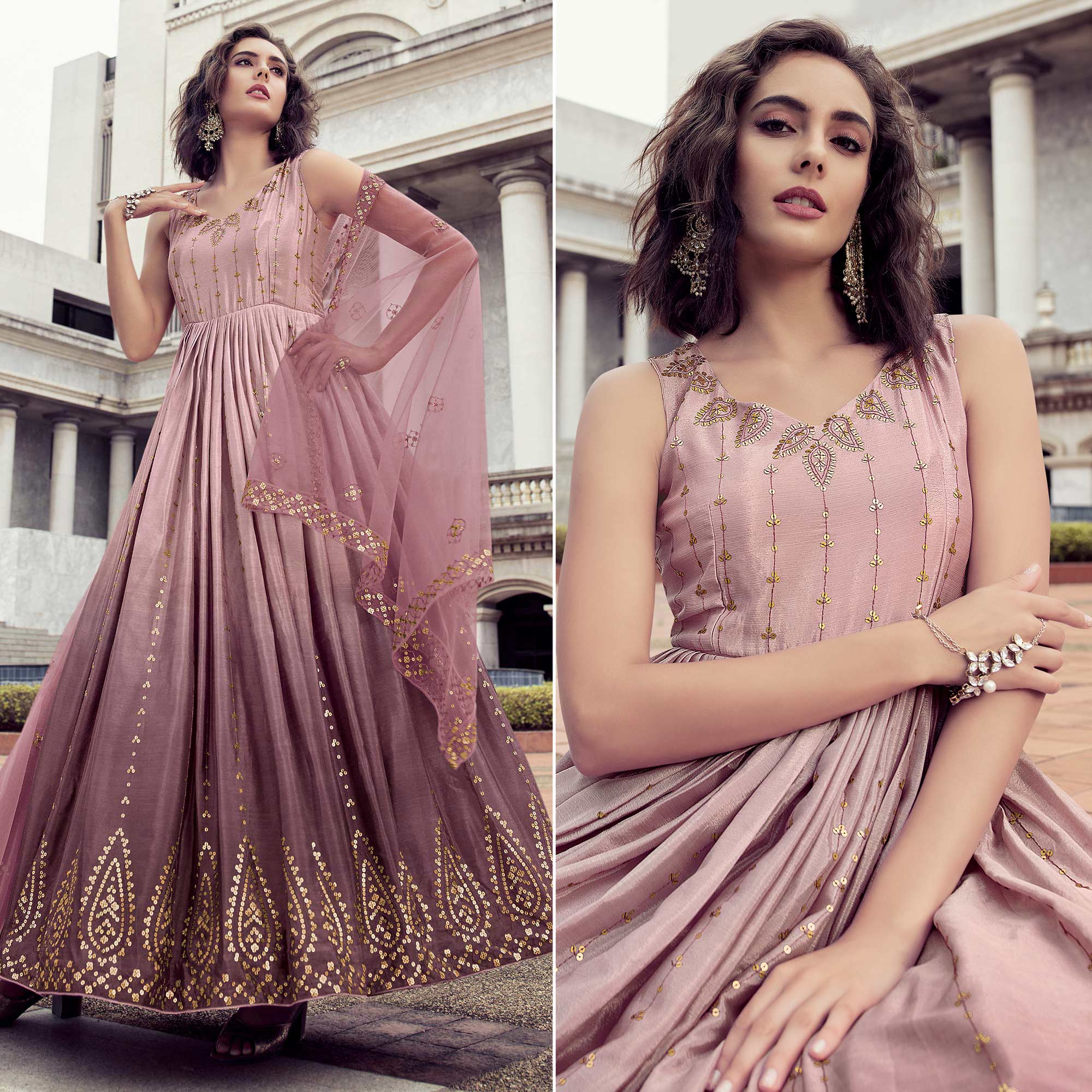 Peachmode Dusty Pink Sequins Embroidered Chiffon Gown
