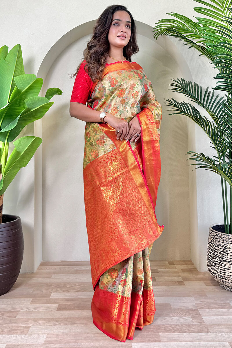 Tasrika Lovely Beige and Red Kanjivaram Silk Saree With Fancifull Blouse Piece - view 3