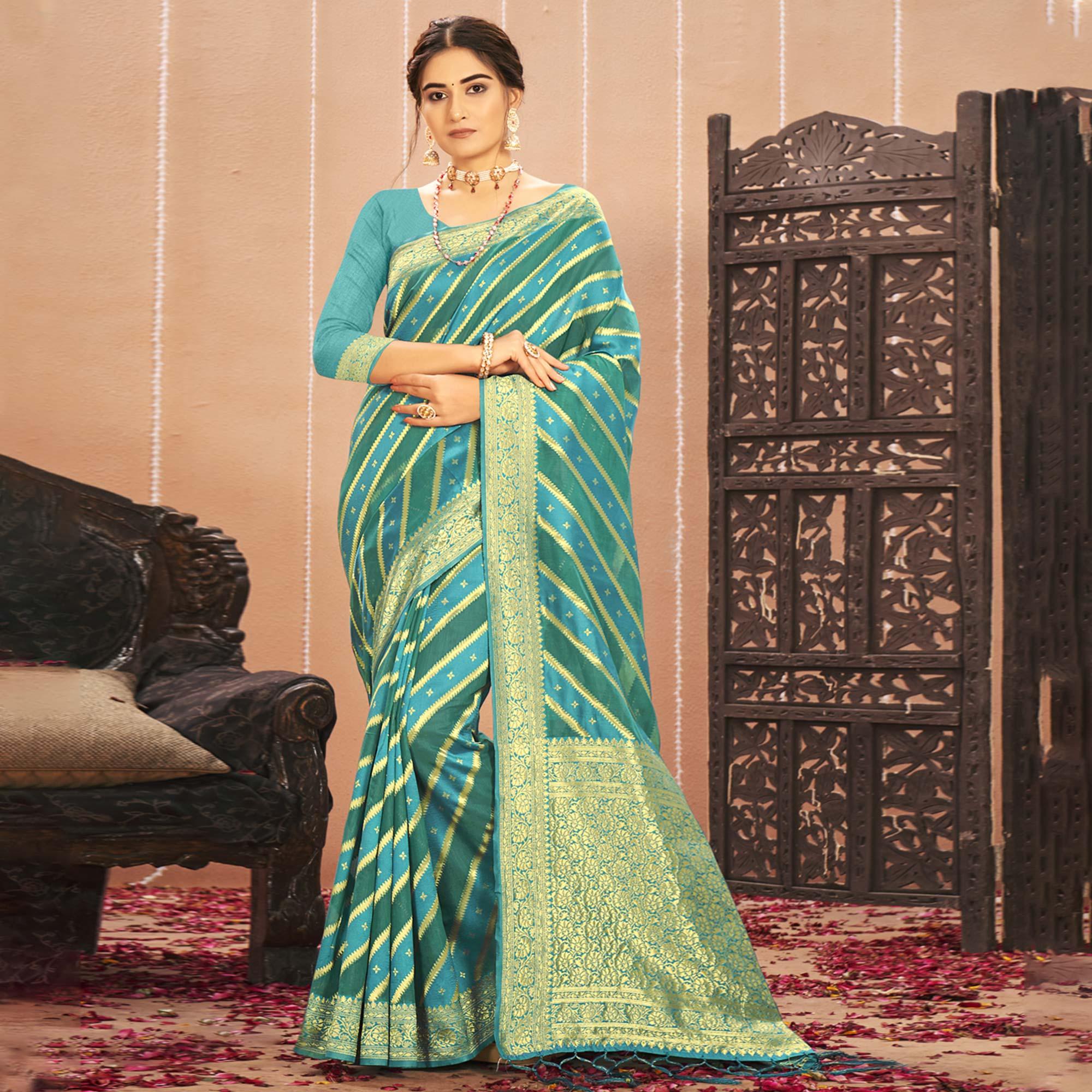 Peachmode Blue Stripe With Woven Art Silk Saree