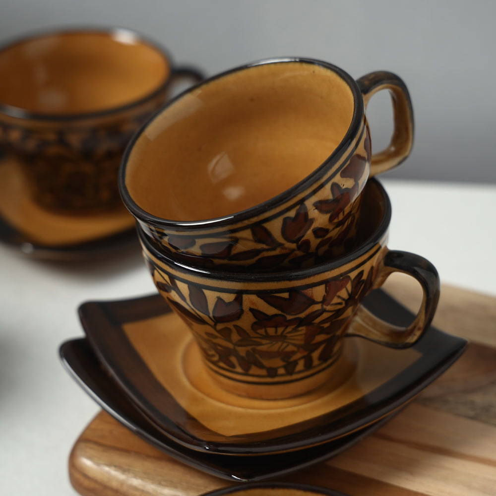 HAVELI CHRONICLES Brown - Royal Mughal Handpainted Ceramic Cups Saucers Set (Set of 6) - view 3