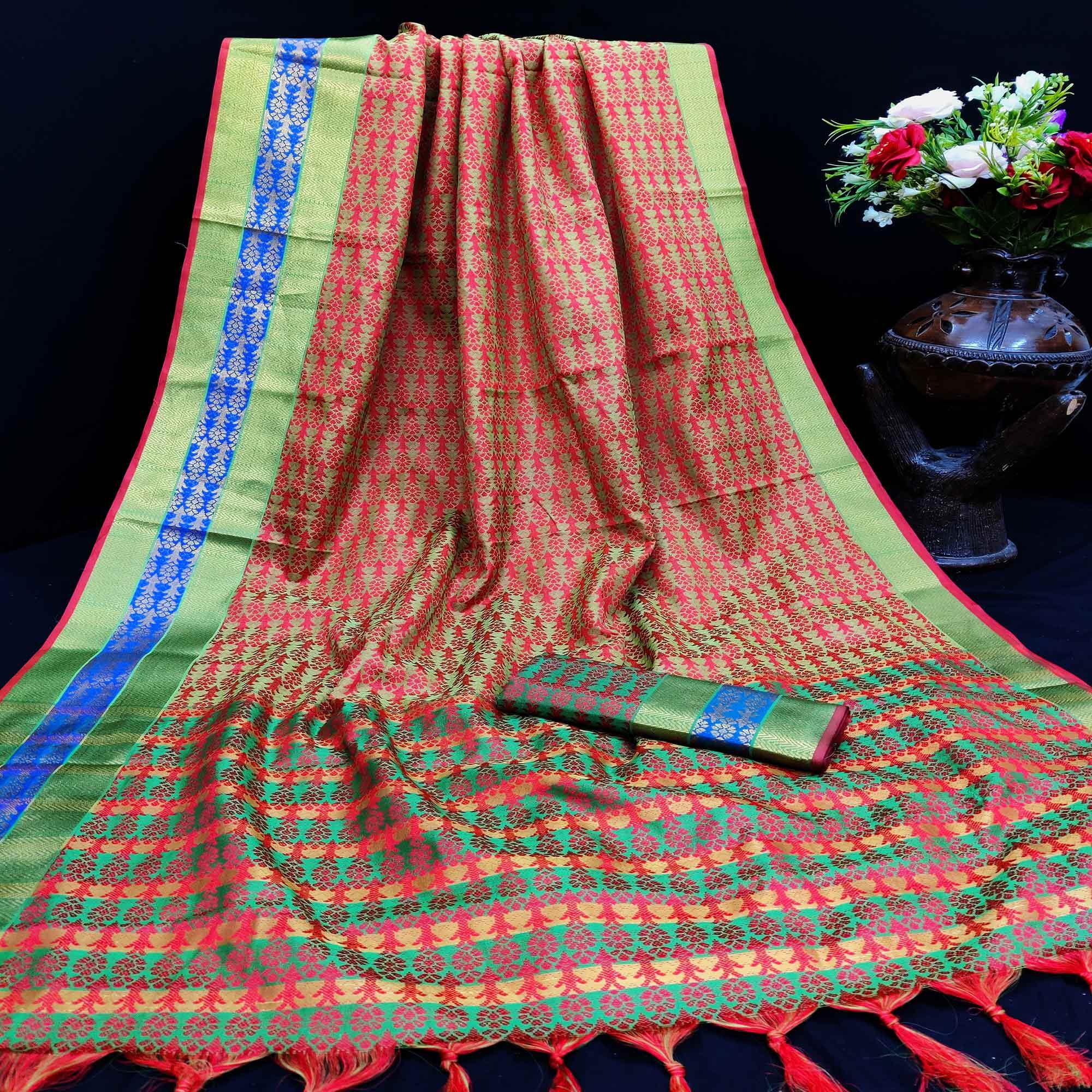Peachmode Charming Red Colored Festive Wear Woven Jacqaurd Silk Saree