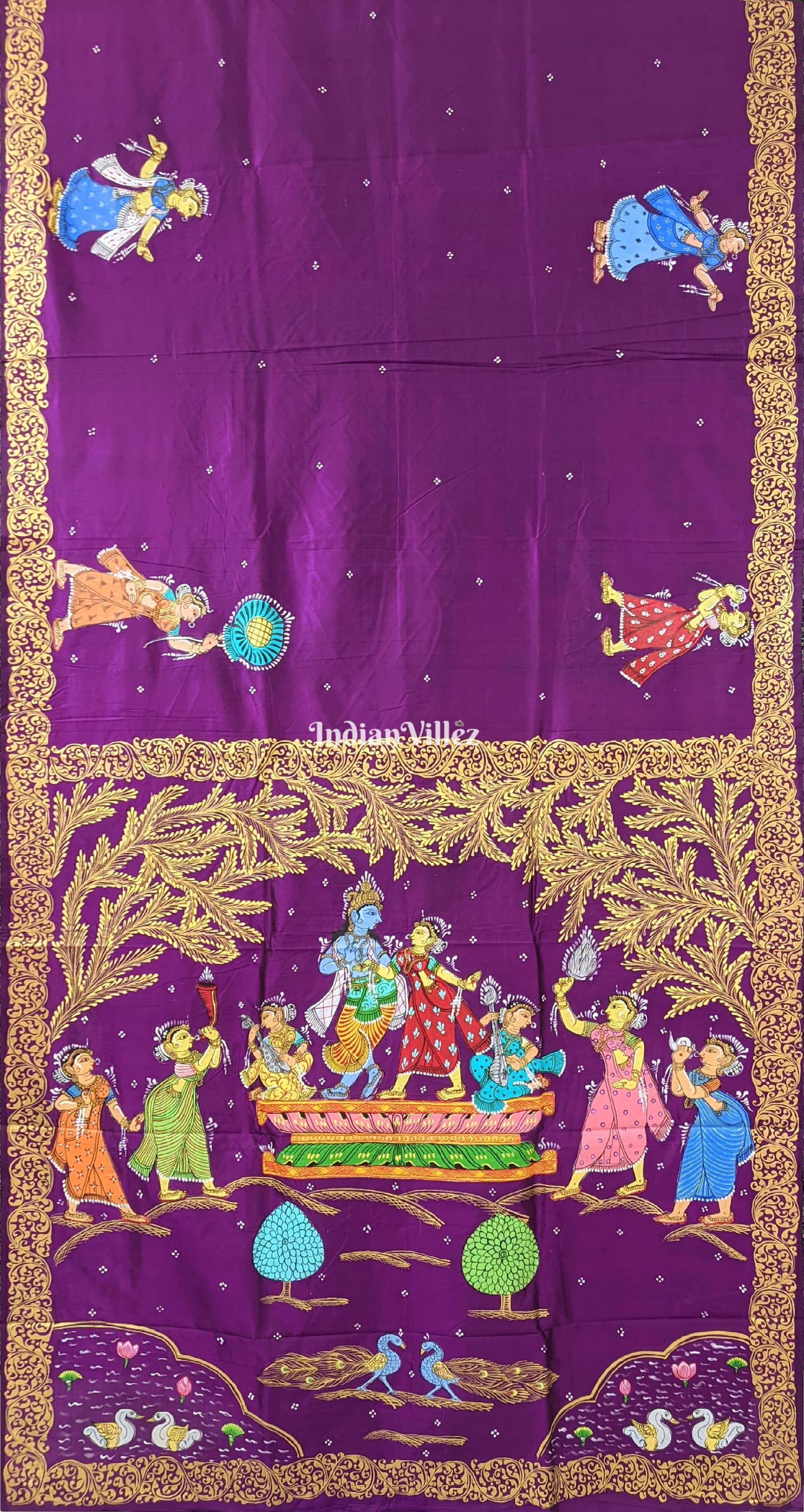 IndianVillèz Deep Violet Krishna Rasa Leela Hand-Painted Pattachitra Saree