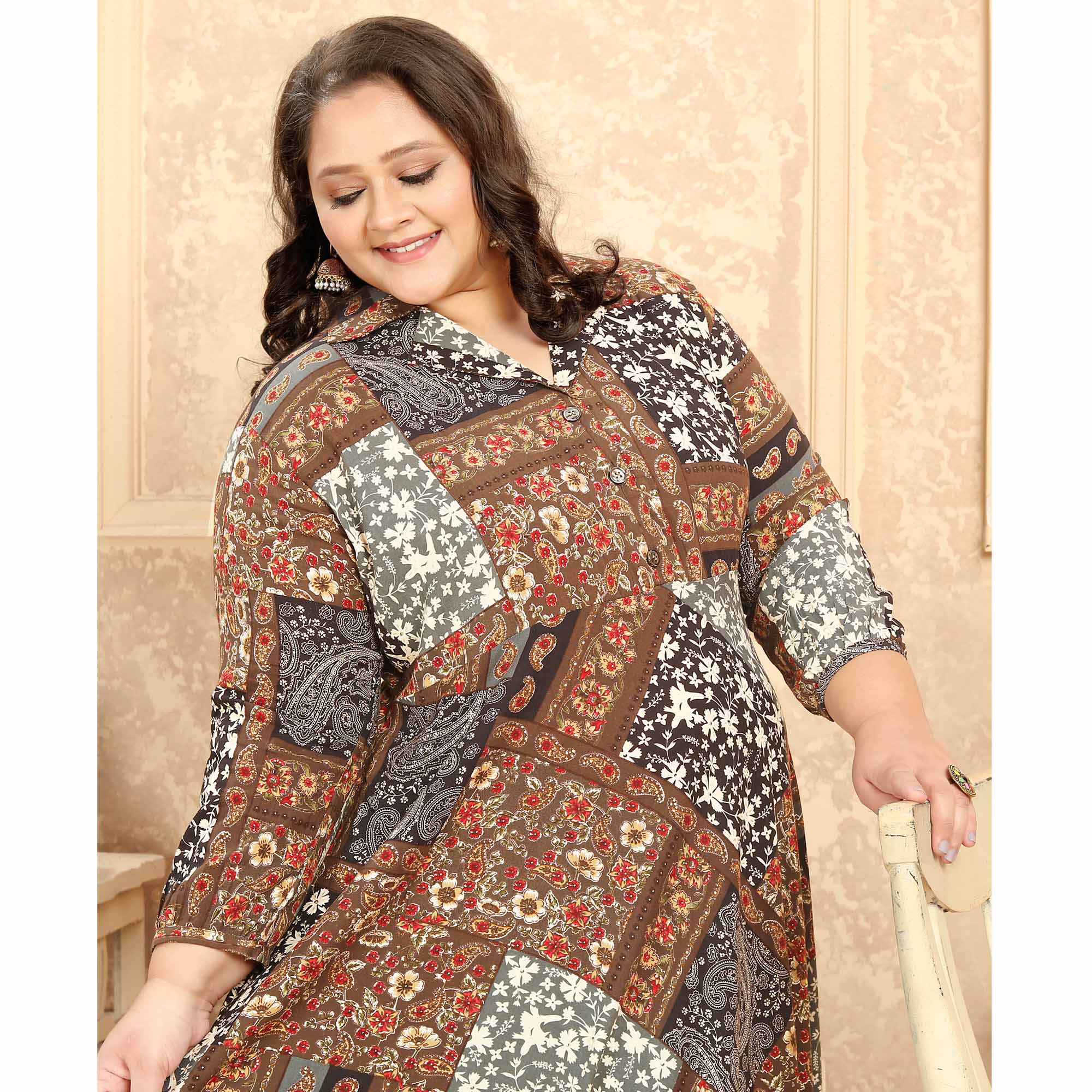 Peachmode Seller Brown Floral Printed Rayon Long Kurti - view 6