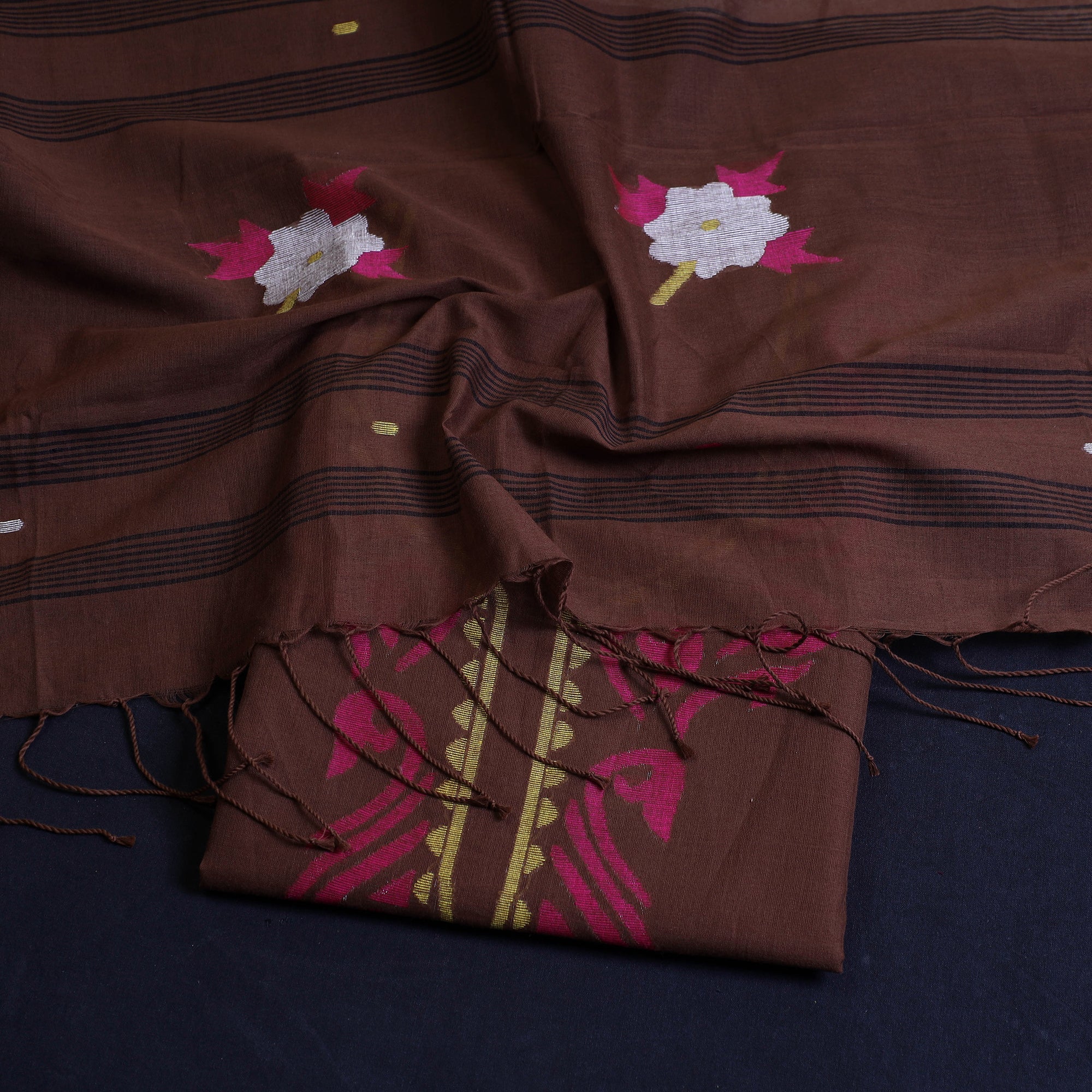 KHUSHBASH - HAPPY LOOM OF EAST Brown - 2pc Phulia Jamdani Weave Handloom Cotton Suit Material Set - view 2