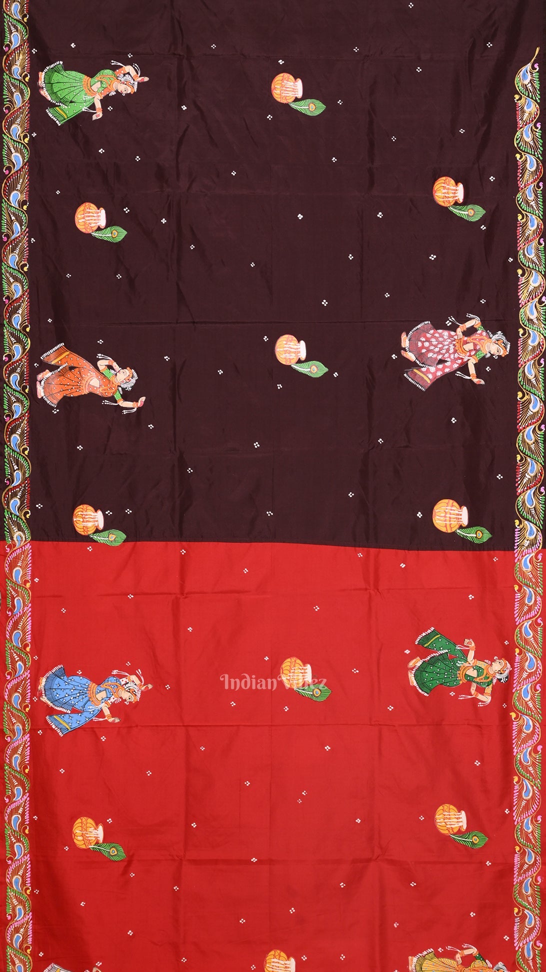 IndianVillèz Red with Coffee Rasaleela Theme Hand-Painted Pattachitra Saree - view 3
