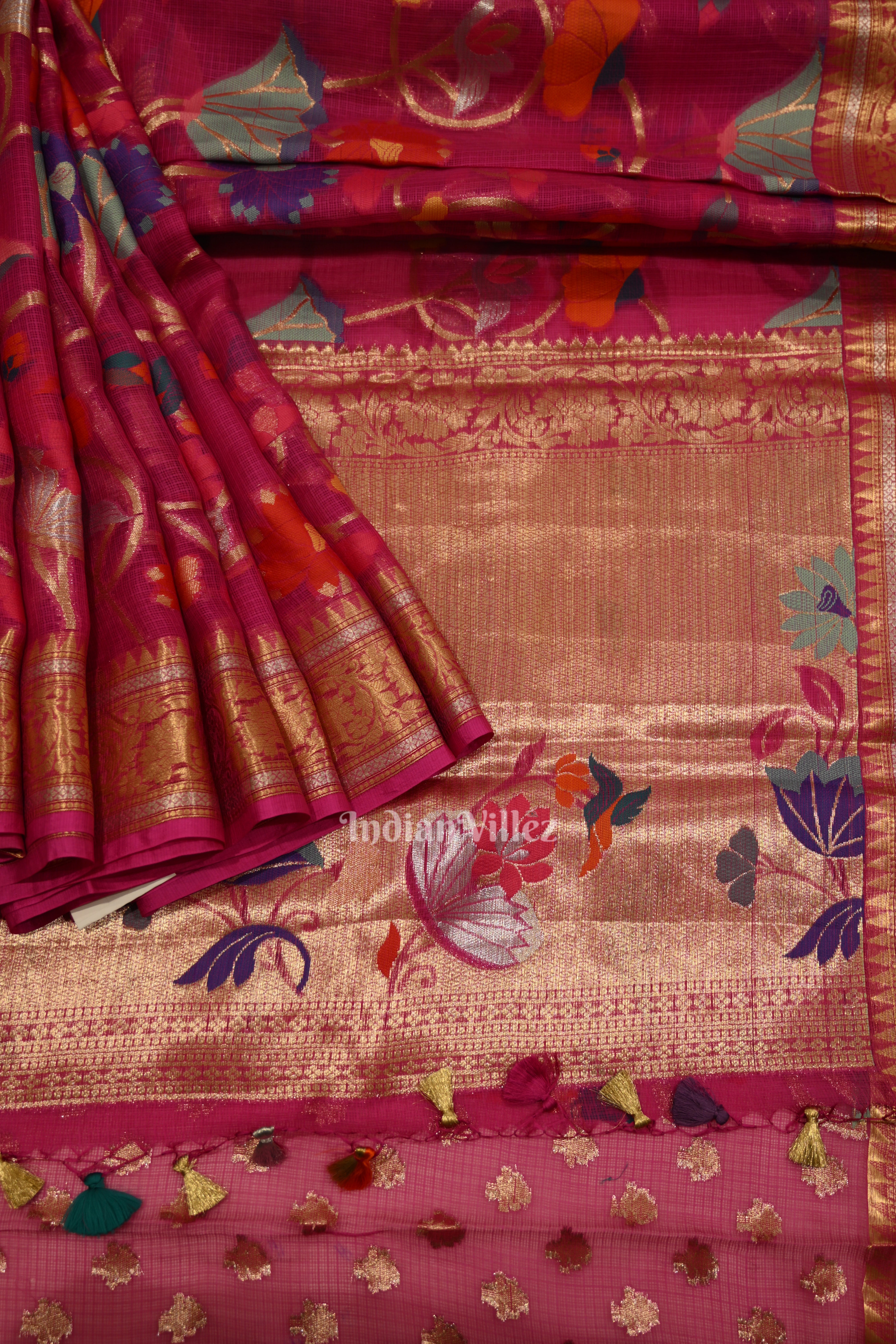 IndianVillèz Rani Pink Jamdani Banarasi Kota Silk Saree