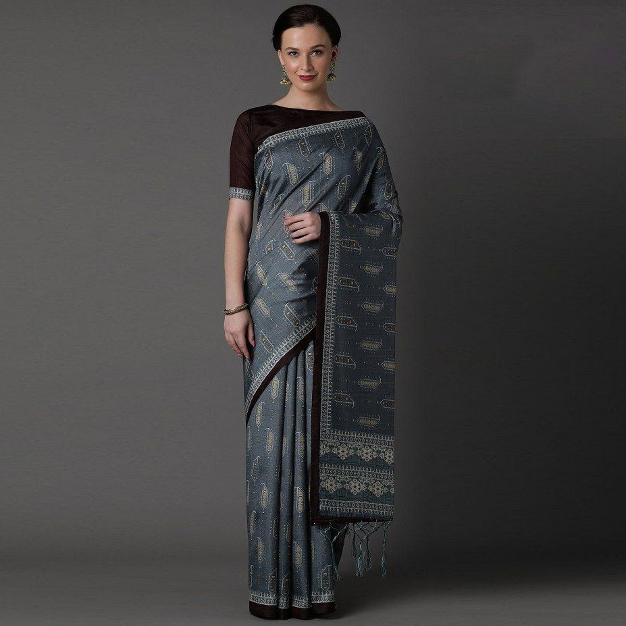 Peachmode Grey Party Wear Satin Printed Saree With Unstitched Blouse
