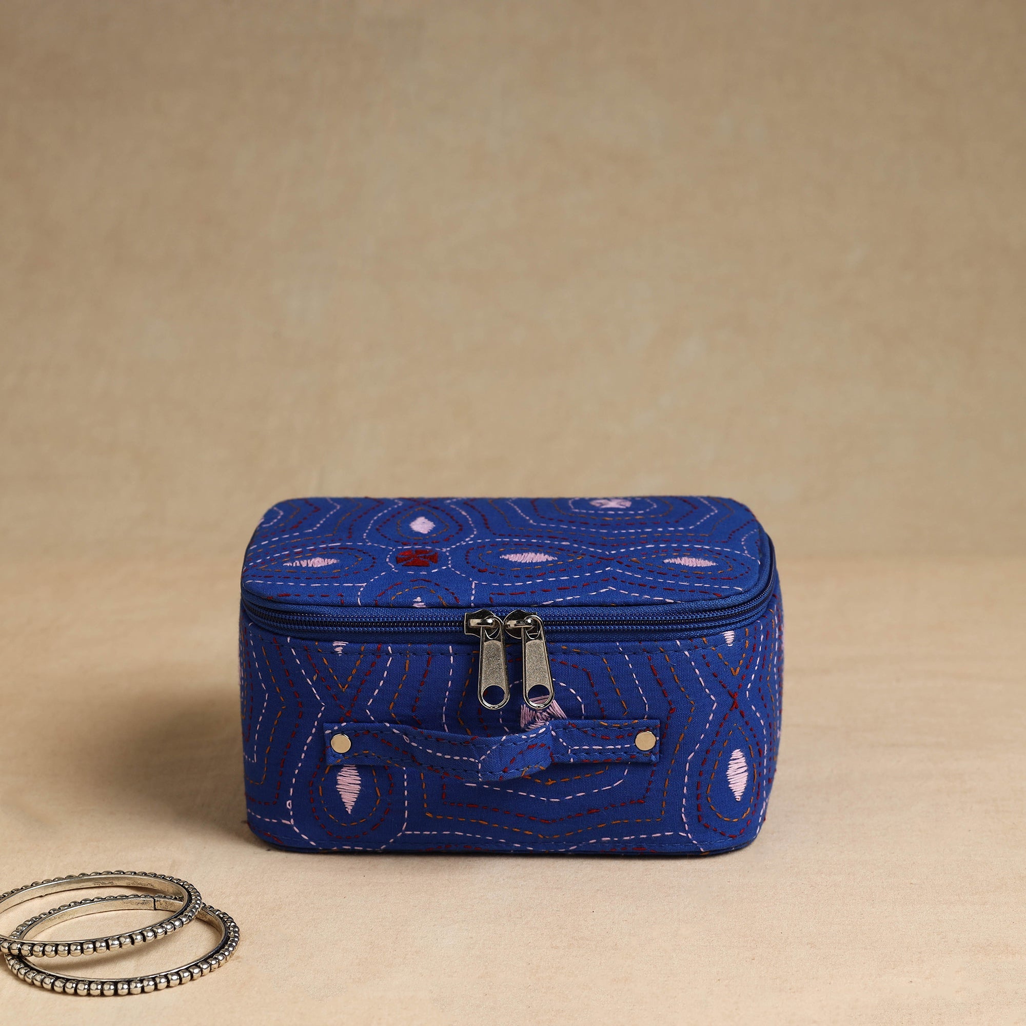 ASALKAAR Blue - Bengal Kantha Work Handcrafted Jewelry Box with Mirror 01
