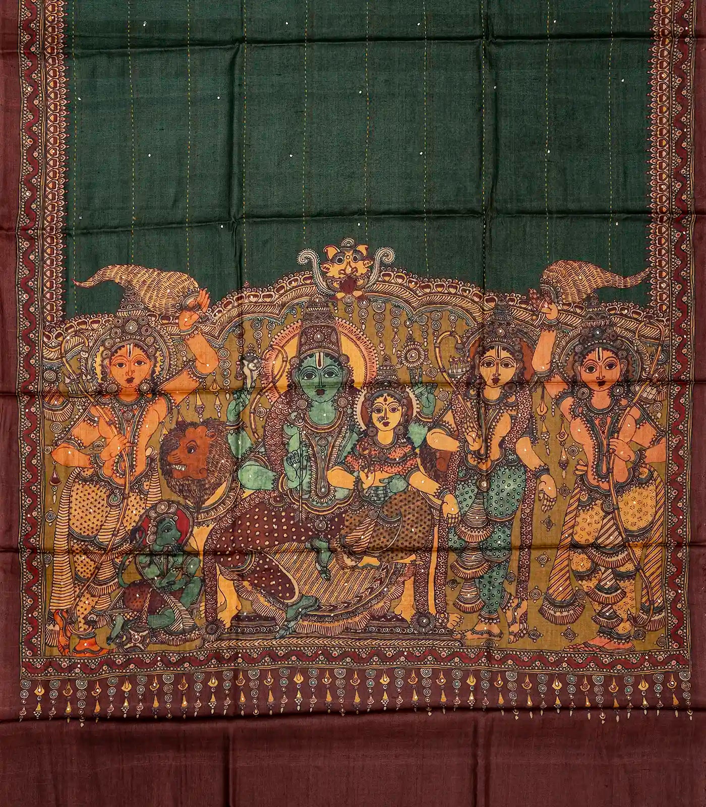 RmKV Bottle Green Handloom Tussar Silk Saree Printed With Lord Ram In Pallu - view 6